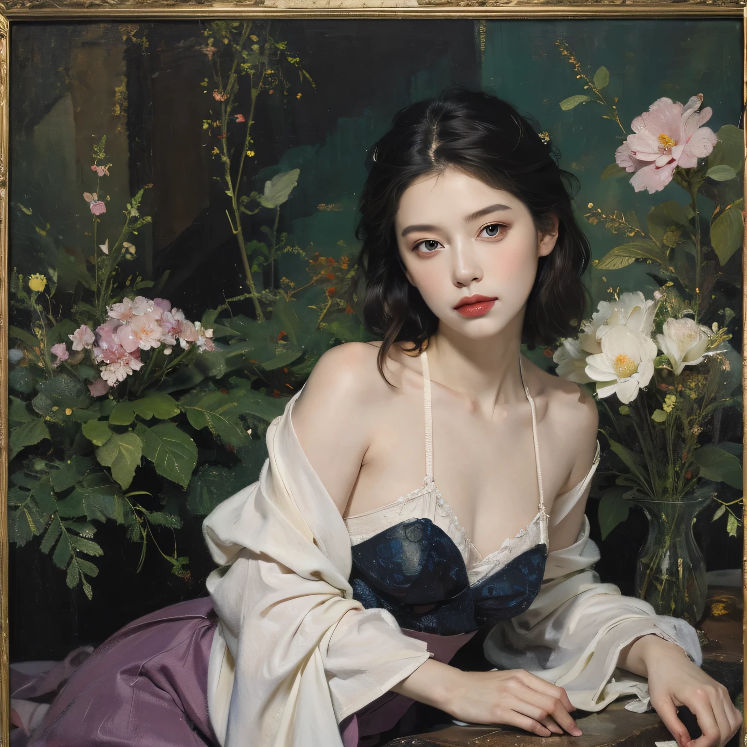 ((Create MAXZenArt!)), (Young), (young girl, 16 years, naked, full length, naked body, dark hair, bright skin, Scarlet lips, smile; black, expressive playful eyes, long eyelashes))_( (top quality, Masterpiece), (one young girl - 16 years, naked, full length, sitting with her legs spread sexual, white hair, white skin, Scarlet lips-smile; black, expressive playful eyes, long eyelashes), (black translucent - chiffon dress, Golden Line, very short peignoir dress, (Erotic), (sexual), (spread your legs, Genitals), (very sexual body, seductive body, Small beautiful breasts), (spread your legs, Genitals), (calm relaxed pose, Hair fluttering in the wind, half turned, look at the viewer, stylish girl model))_((digital painting, wide brush stroke, outstanding skills, oil painting), (Daylight, soft warm shadows, contrasting cold light, Reflexes, fracture, tracking))_((background – stunning blooming irises; (violet, yellow, blue, white), (Petals, shoots))_((Highest quality workmanship, realism, digital painting, modern style of writing, clear correct anatomy, mercy, ease of execution))