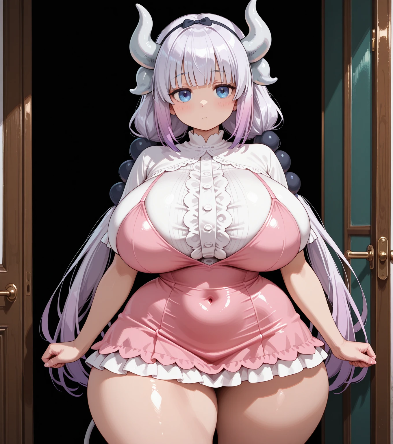 master-piece, bestquality, 1girls,16 years old, View viewers from front, HD, slight smile, massive tits, cleavage, under , tights cloth, , tiny body, under tits cleavage, look down, stand up, wide hips, narmaya, button gap, hands on own face, hands on own cheeks,
