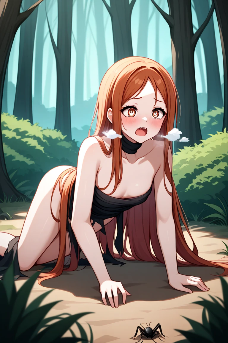 from back,((masterpiece,Highest quality:1.3)),ass pov,having sex,doggystyle,1woman,30 year old beauty,solo,((very small head:1.4)),red hair,long hair,blunt bangs,red eyes,gorgeous eyes,shy,orgasm face,tongue、drooling,Heavy breathing、medium breasts,((very long body:1.2)),((toned body,slender body,skinny)),gleaming skin,shiny skin,wet:1.3,naked,nipple,vagina,Love juice、Ass,anal、Short leather boots,vaginal penis,on all fours,spread legs:1.5,Bathing、stream、forest、sunny、Medieval Europe、nsfw,
