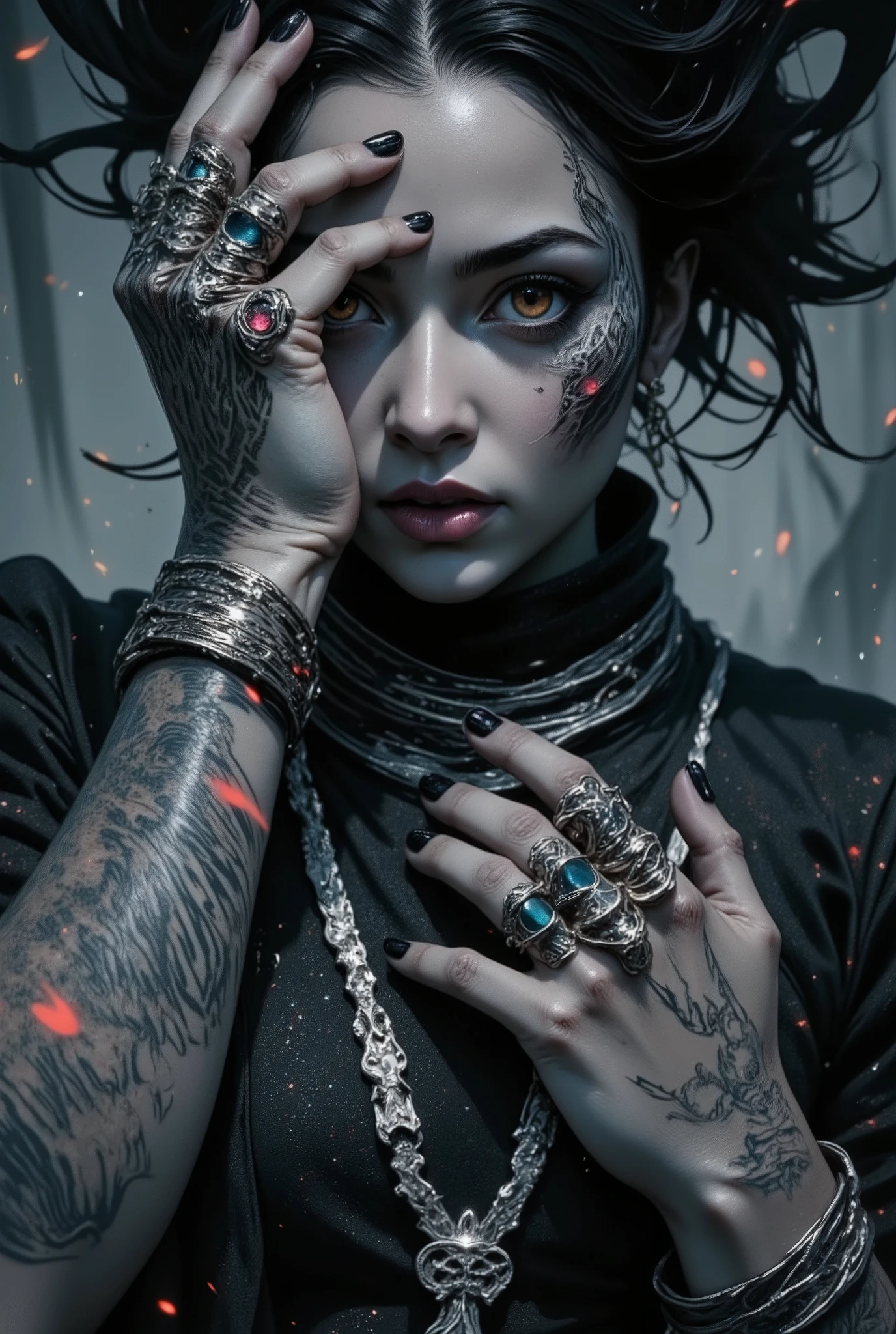 (amazing transcendental's dream:3.5) The photo depicts a powerful gothic sorceress, her face partially hidden by her elegantly adorned hand. She has pale, slender fingers, on which several silver magical rings, set with dark gemstones like onyx and amethyst, glimmer. Her hand is decorated with mysterious tattoos that seem to pulse with a dark energy.She wears a gothic ensemble, a black velvet dress richly embroidered with occult patterns. Her long black hair frames her pale face, and her eyes, accentuated with dark makeup, shine with an intense light. Large silver necklaces, with pendants shaped like crosses and ancient symbols, rest on her chest. The background is misty, with shadows dancing around her, enhancing the mystical and sinister atmosphere of the scene, (maximum ultra high definition image quality and rendering:3), maximum image detail, maximum realistic render, (((ultra realist style))), realist side lighting, , 8K high definition, realist soft lighting, (amazing special effect:3.5)