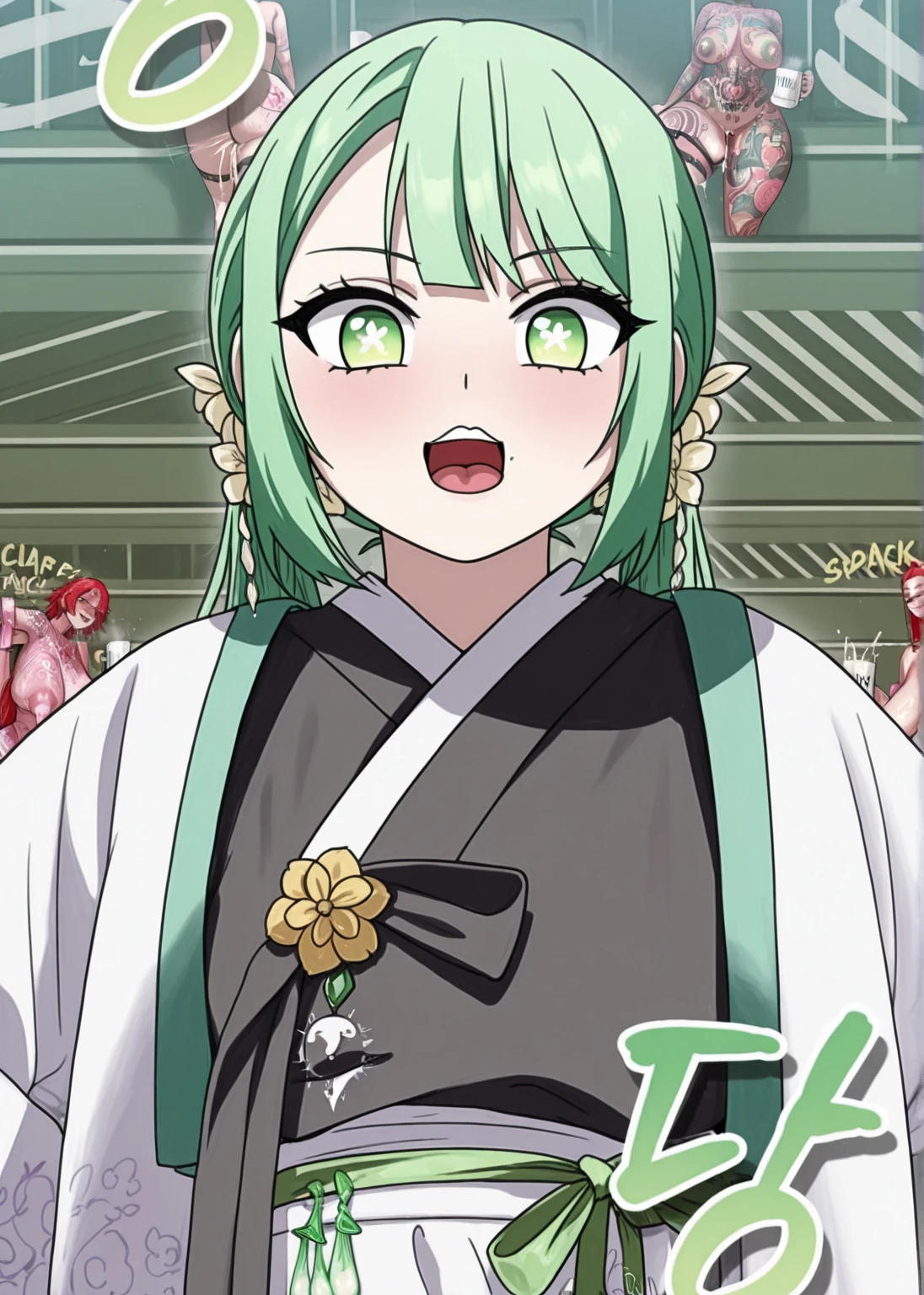 anime characters in a store with a woman in a purple dress, hanayamata, shirabii, ehime, yami kawaii, from sengoku period, “ anime, ”beautiful anime woman, “anime girl, moe, inspired by Nishikawa Sukenobu, from one piece, “ full body, flirty anime witch casting magic