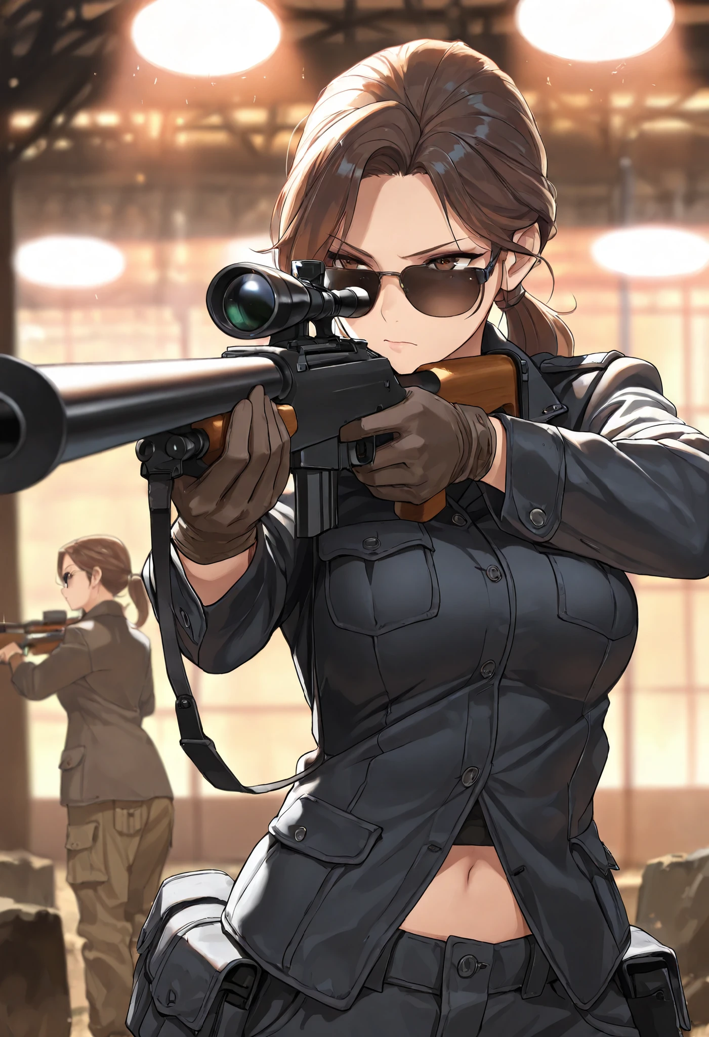 1girl, woman, mature woman, modern setting, brown hair, ponytail, brown eyes, battle pose, cargo pants, (best quality,highres,masterpiece:1.2),ultra-detailed,digital art,cinematic lighting,good atmosphere, holding a sniper rifle, dark sunglasses, gloves, serious look, navel peek, medium breasts, black uniform jacket, upper body, aiming