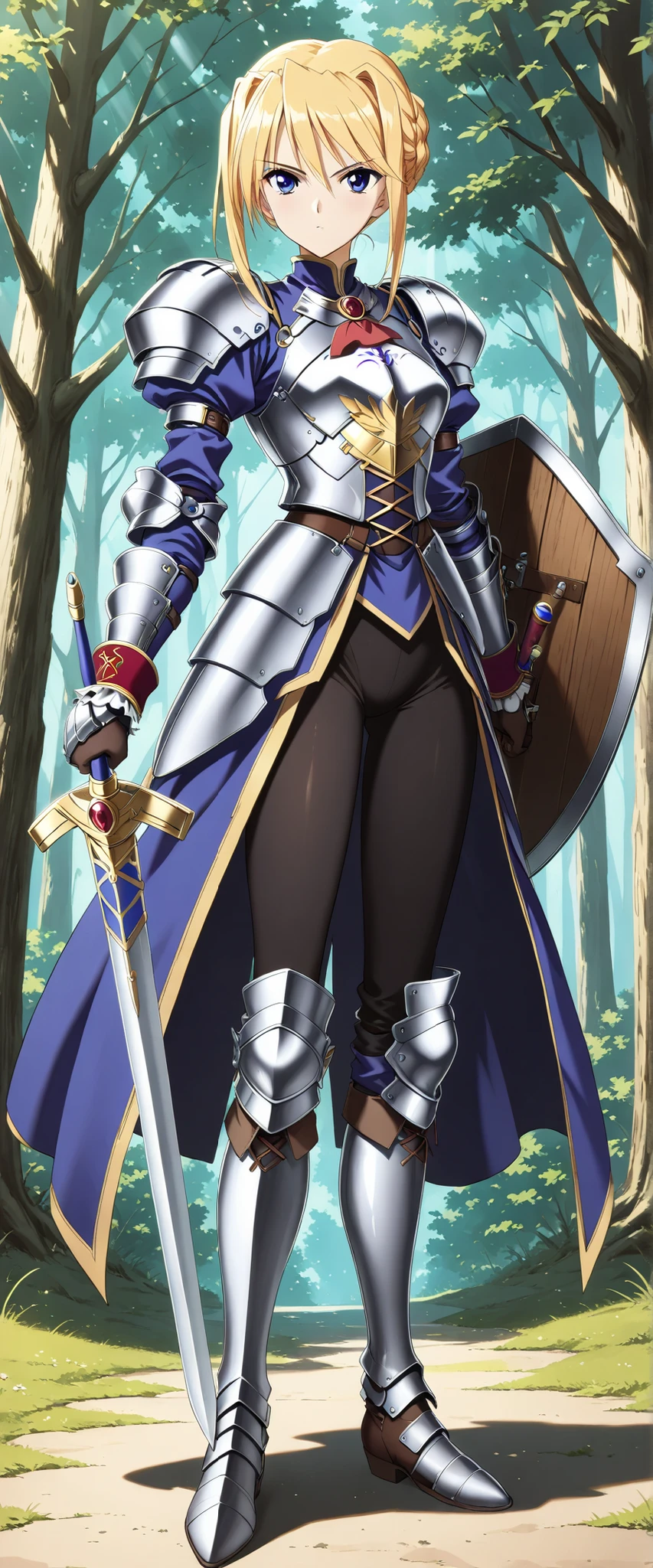 score_9, score_8_up, score_7_up,1990s \(style\),anime coloring,ultra-detailed,official art,best quality,good quality,valkyrie,knight,BREAK,1girl, silvia van hossen,BREAK,armordress,((sword,large shield,breastplate,gauntlet,boots)),BREAK,standing,full body,outdoor,forest