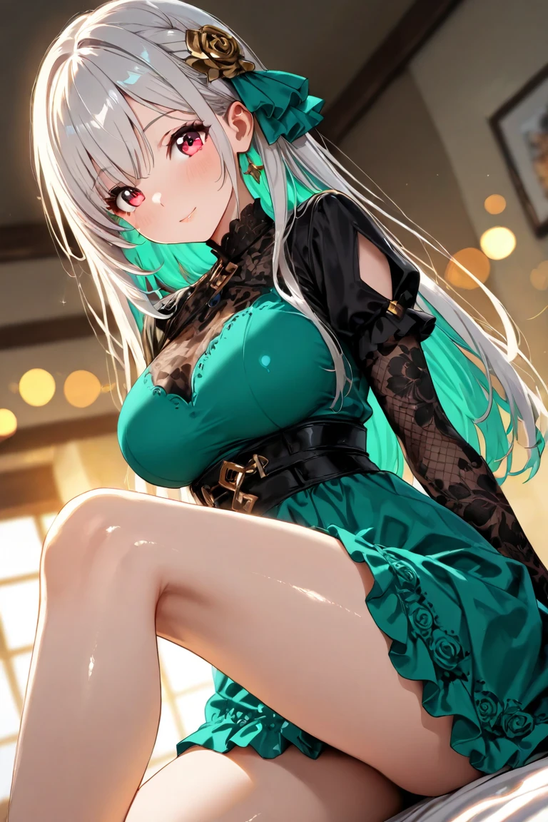 masterpiece, best quality, DakiV4, 1girl, solo, long hair, hair ornament, thighhighs, white hair, underwear, panties, green eyes, <lora:DakiV4-10:1>