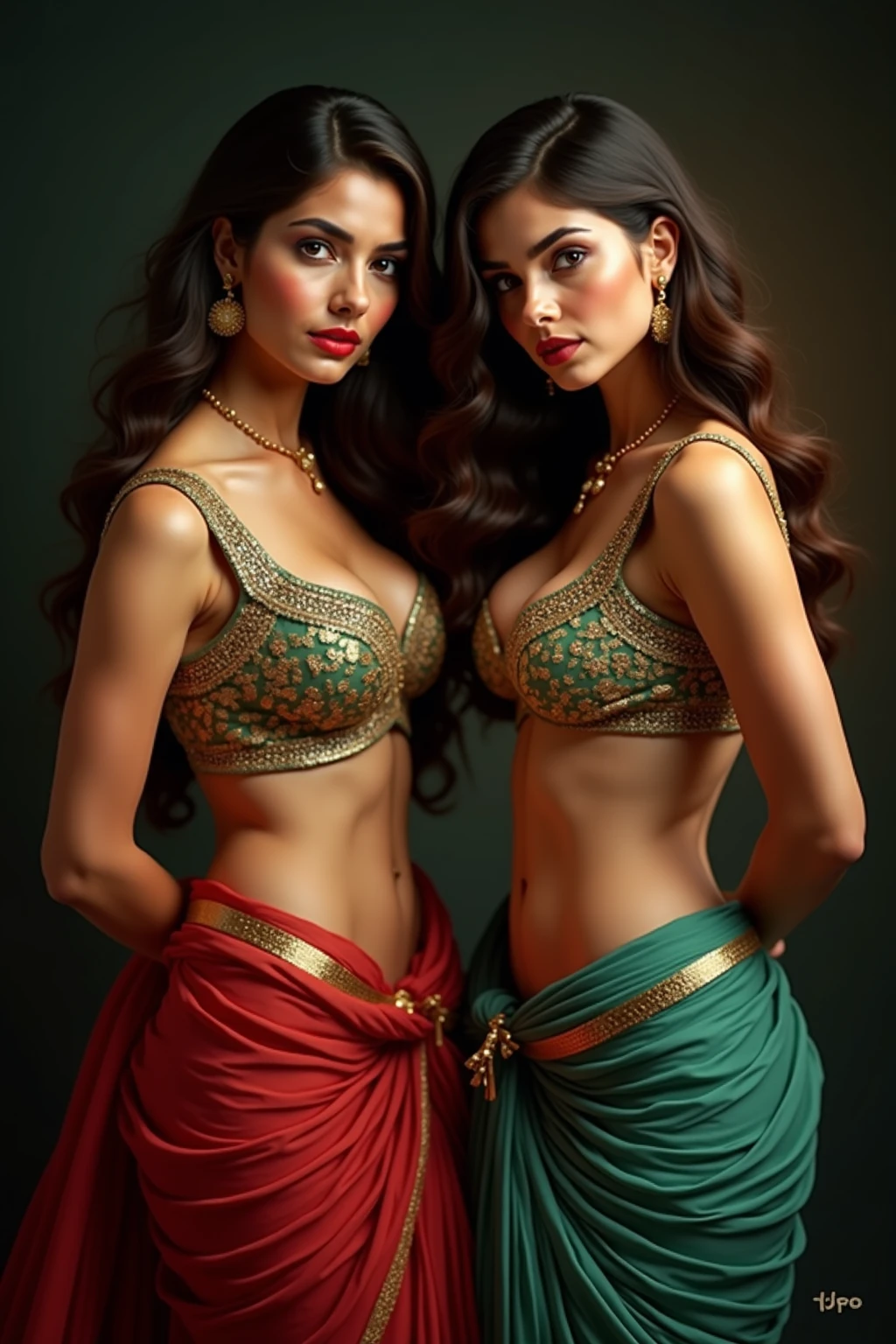  ultra realistic 8k cg, picture-perfect face, flawless, clean, masterpiece, professional artwork, famous artwork, cinematic lighting, cinematic bloom,
super realistic 8K, Perfect, clean , masterpiece, Professional artwork, famous artwork, face perfect, 


43yo girl, solo, alluring step mom,(sexy Bangladeshi women:1.2),
beautiful woman,very sexy appearance, seductive , rosy cheeks, smooth skin, 
huge breasts, smooth face, detailed face, smooth skin,shiny skin,highly detailed  face, detailed face, perfect proportions, well-proportioned body of six heads, huge breasts, thin waist, navel, big butt , crotch gap, large thighs,mature,toned legs, long neck, big ,detailed hair, ,detailed breasts, slim waist,beauty, long eyelashes, hourglass body, juicy lips,Beautiful expression, beautiful  eyes, 
Looks good with straight long hair,

Black  hair, long hair, silky hair, detailed bangs, (hair between eyes:1.2),

((Light olive eyes:1.2)),
gorgeous bright neon blue eye makeup and thick black winged eyeliner, peachy matte lipstick, looking into the camera,  
  detailed eyebrows,

(hourglass body:1.3), ultra detailed, best illustrated, showing off, seductive_pose, sexy eyes,full-body_portrait, Intrinsic exquisite details of (eyes,  hair,  skin,  face,  hands,  fingers,  anatomy),  stunning otherworldly beauty, sexy pose, 

She is wearing (Magenta Georgette Saree:1.5),(Teal Lace Bell Sleeves Blouse:1.5),

full and juicy lips(dark red lipstick), belly jewelery, pearl necklace, pearl ear_rings, perfect fingers and nails, red_fingernails, golden ratio, seductive_pose,  big_boobies,deep cleavage,
,professional photoshot, incredibly beautiful woman in the form of a 'Desi Milf', elegant wild beauty and attractiveness, seductiveness and inaccessibility, beautiful, photoshot for Vogue magazines, sensual, ultra detailed, ,mature female,1 girl,cowboy_pose,naughty, (iu:0.8),cleavage, 