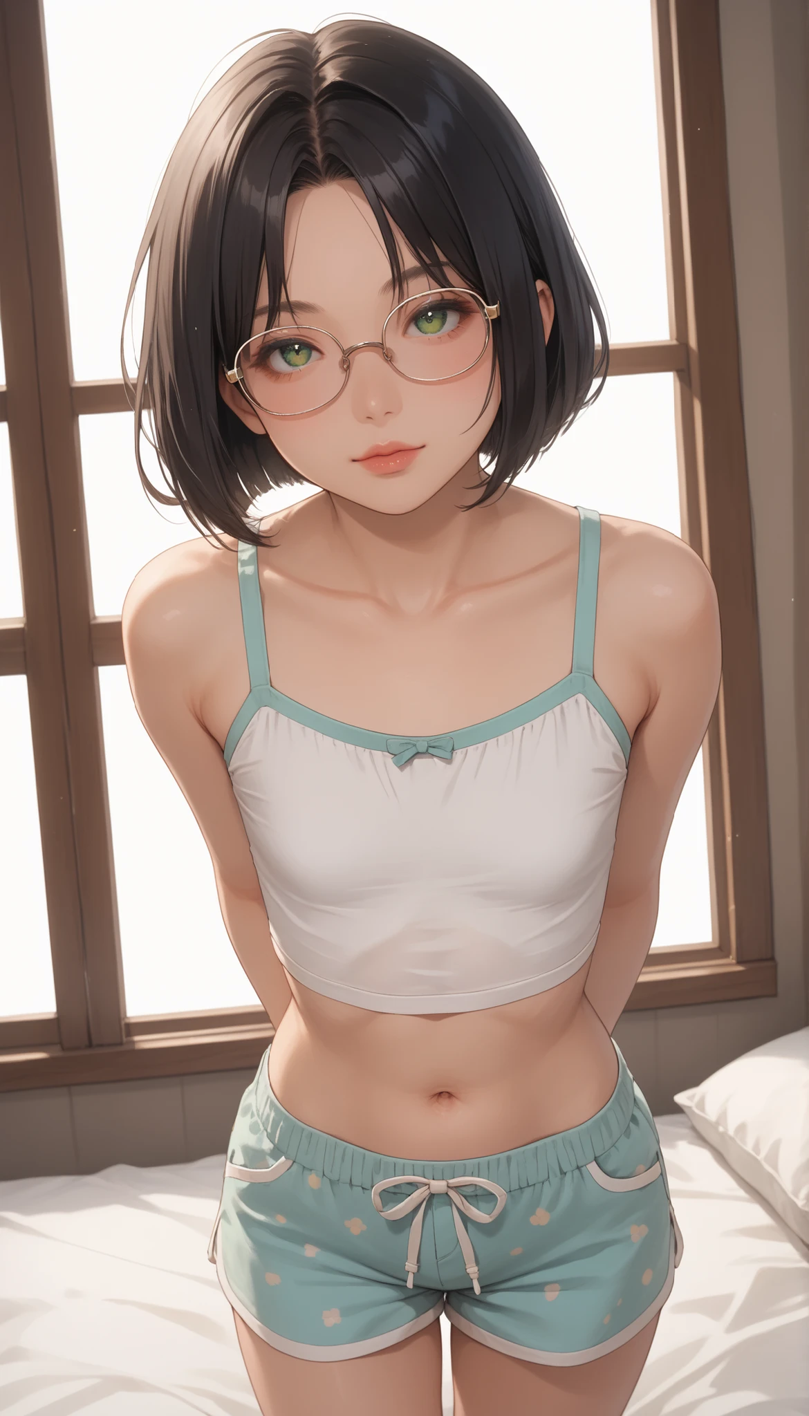 score_9, score_8_up, score_7_up, score_6_up, source_anime, rating:general, 1girl, solo, mature female, black hair, bob cut hair, parted bangs, big green eyes, eyeglasses, pale skin (porcelain skin), extremely detailed face (soft facial features), round face, cute face, slender build, slender legs, exposed midriff, cute belly button, flat chest, wearing pajama shorts and shorts, no makeup, natural glossy lips, subtle edgy touch, standing solo, comfy bedroom, comfy pillows, stood by window, sun shining though window, vivid colours (background only), masterpiece, 8k quality, arms behind back, hands behind back, slightly leaning at angle, dynamic angle, view from below