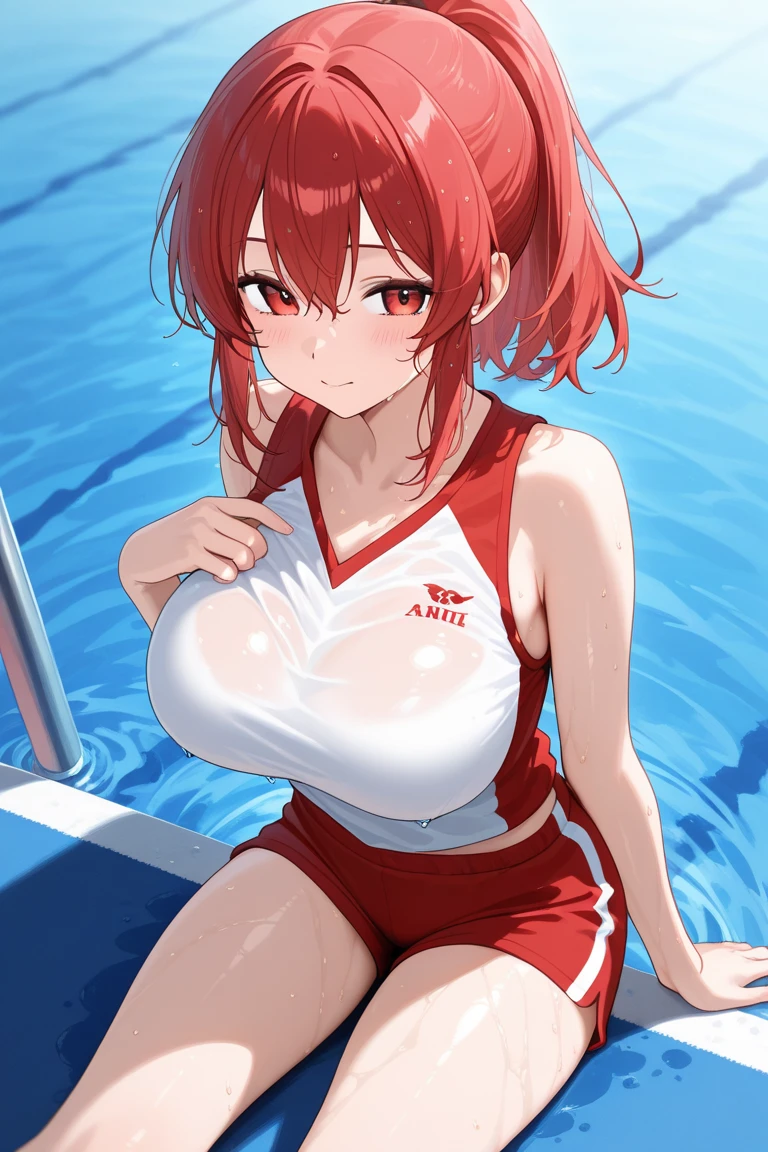 1girl, red hair, bikini, white bikini, skirt, large breasts, thick thighs, very short hair, skirt bikini, beach, serious, red trim, cap, hat, water, spashing, wet, hourglass figure, partialy submerged