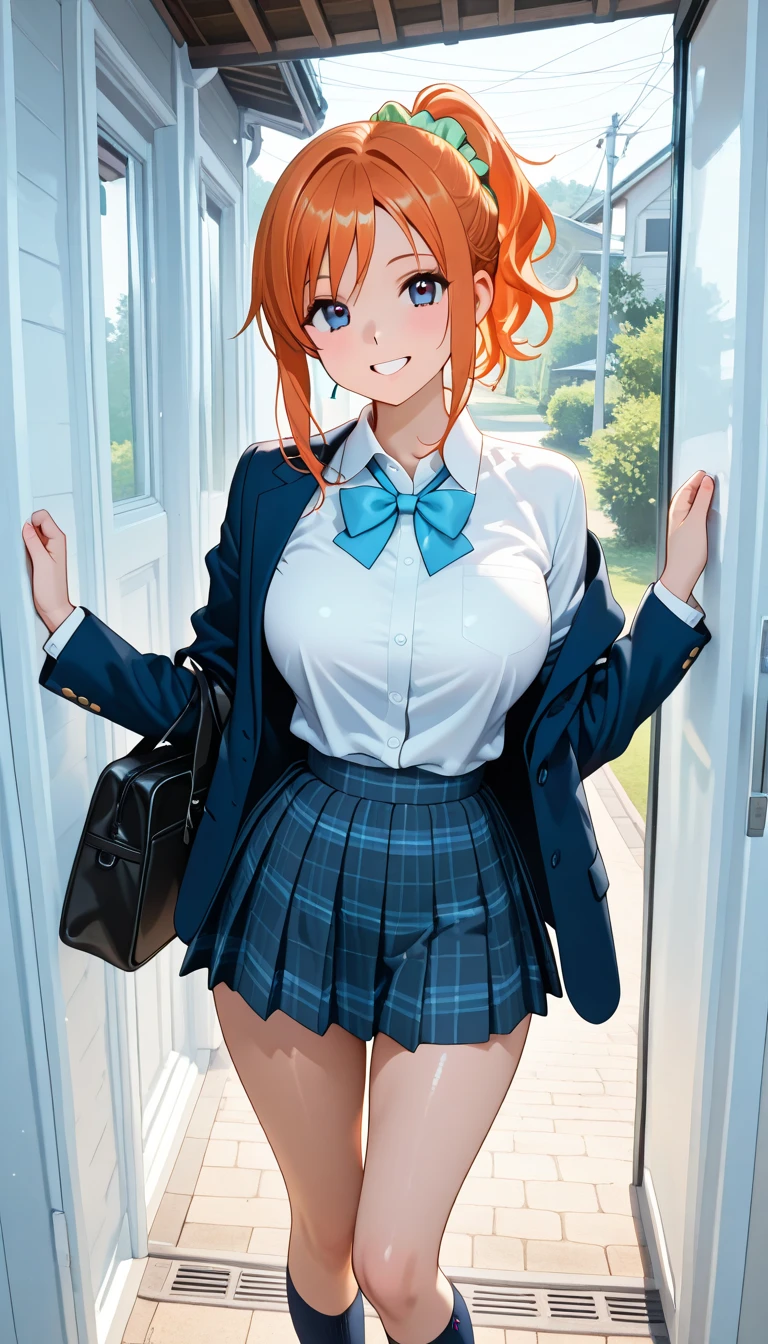 ((1 girl)), Latest trends in clothing, cheerful grin, animated expressions, school uniform, blackstockings, classroom ((very detailled, highest quallity, high resolution, 8 k wallpaper, cute ,)),(hair orange, shorth hair, juvenile,bouncy hair, ((asymmetrical bangs)) ,(shining blue eyes),ombre, eyeliner,glowing eye, very detailledな目, complex eyes, gorgeous eyes, 輝くBright blue eyes 17 year old