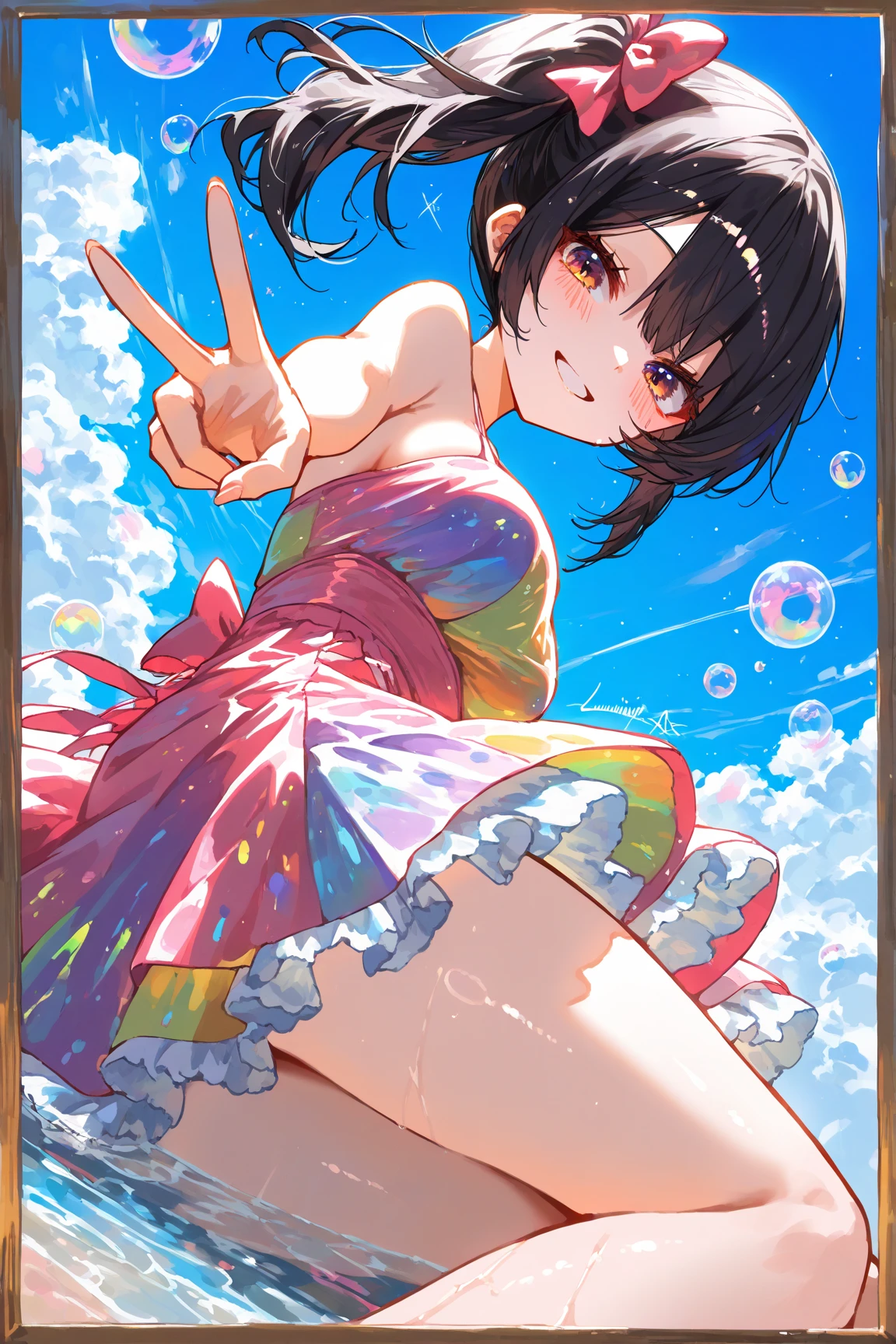 Masterpiece, best quality,alp artstyle,Solo, cowboy shot,Sonoda umi love live,(white and blue leotard), magical girl , posing,star glasses, earrings, thighhighs, breasts,outdoors,day, golden eyes,(blushing:1.2),mini skirt, side slit