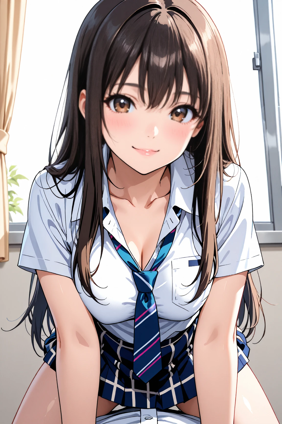 (masterpiece:1.3, Highest quality, Ultra-high resolution, Super detailed), (Realistic, photoRealistic:1.4), Beautiful illustrations, Perfect lighting, Natural light, colorful, Depth of written boundary, , 
Beautiful detailed hair, Beautifully detailed face, Beautiful attention to detail, Beautiful clavicle, Beautiful body, Beautiful breasts, Beautiful thighs, Beautiful feet, Beautiful fingers, Glowing Skin, Baby Face, 
View your viewers, (Face Focus), 1 girl, Japanese, high school girl, (Perfect Anatomy, Anatomically correct, Highly detailed skin), Cute and symmetrical face, Perfect Face, Perfect Eyes, 
(Long Hair,, (Long sideburns), Light brown hair), Blunt bangs, Dark brown eyes, Droopy eyes, Long eyelashes, (Medium chest, Captivating thighs), thin, outAre standing style, , 
(Detailed cloth texture), break, ((Light brown knit vest)), break, (Red plaid bow tie), break, (White collared shirt, Navy Pleated Skirt), break, 
(Beautiful views), summer, evening, (Disneyland, null, forest), Are standing, Leaning forward, Place your hand on your chest, (Cute smile, Lips parted), 
