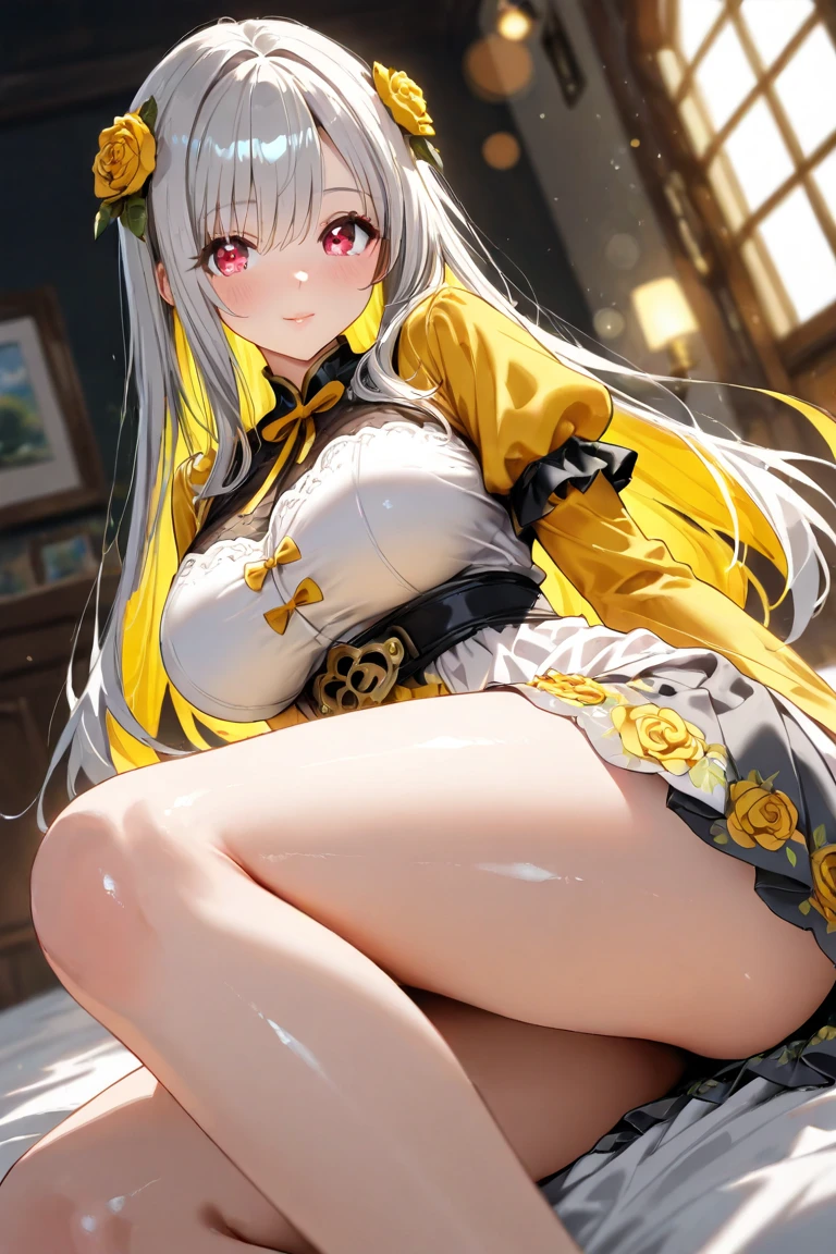 Silvery curly hair、hime-cut、Girl with golden eyes、View of the crotch from below、flat chest、Thin pubic hair、Beautiful open legs、Orange waitress clothing
