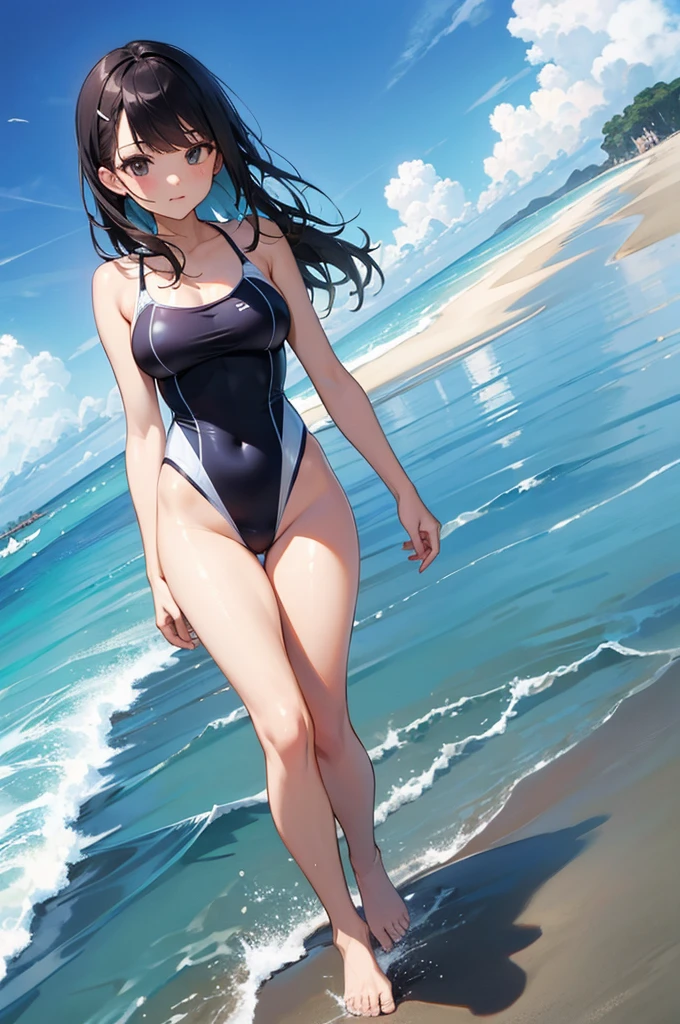 girl、solo、、swimsuit one piece、seductive pose、smile、beach、Playing with the waves on the beach、