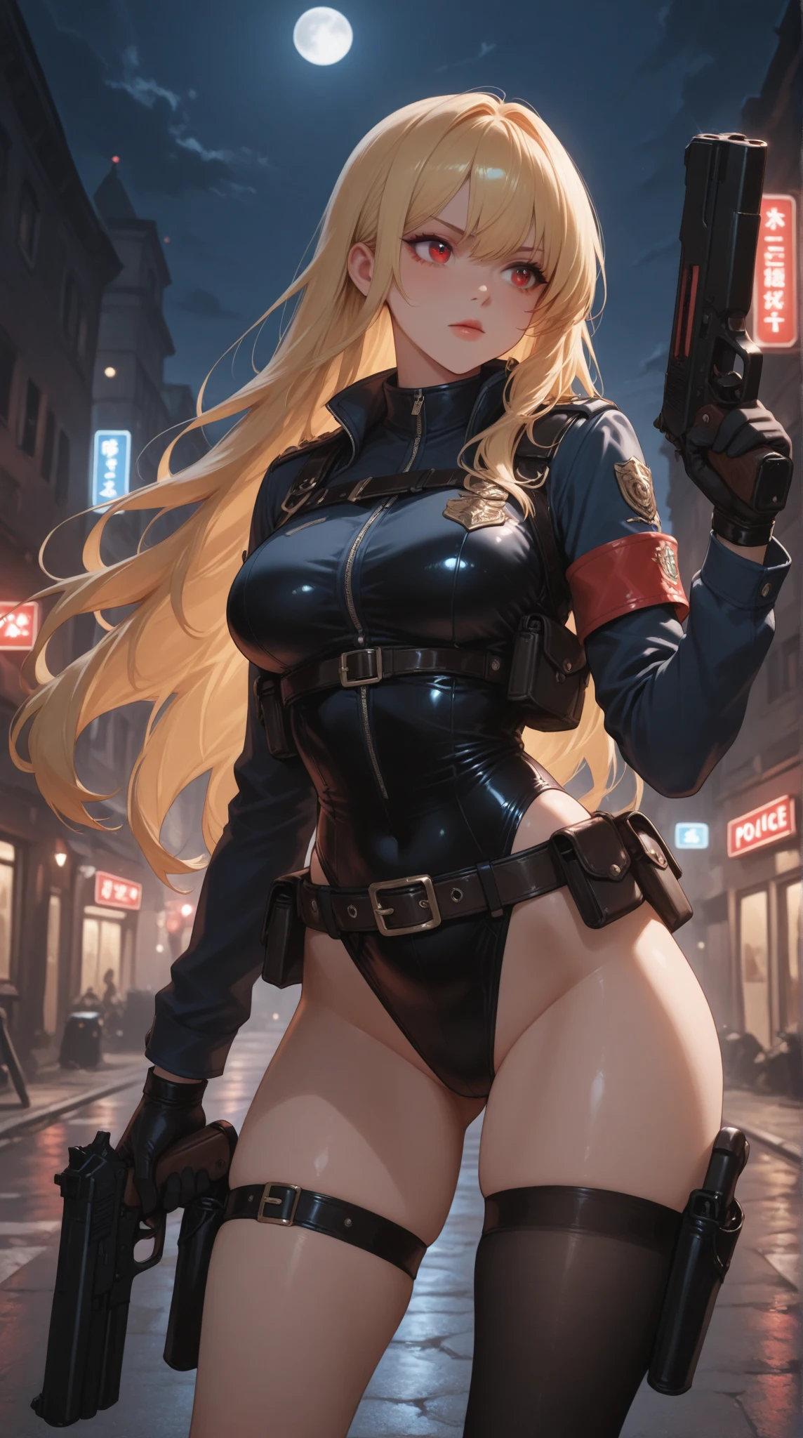 ((masterpiece)), ((best quality)), (ultra-detailed), illustration, beautiful art, artistic, realistic, 8k, wallpaper, beautiful, high resolution, good composition, good art, scenery, cinematic, ((nude)),detailed skin, (oily skin), glossy skin, fine skin, (beautiful hair), (beautiful red eyes), hand with five delicate fingers, (perfect anatomy), (correct limb), nostrils, (realistic), long hair ahoge hat beret hair ornament cleavage,(( perfect nude big breasts)), ((perfect erect nipples)), slim waist ,black jacket, open jacket, long sleeves, (cameltoe), black thighhighs knee pads, promptsgirl, big gun, Batllefront war background.