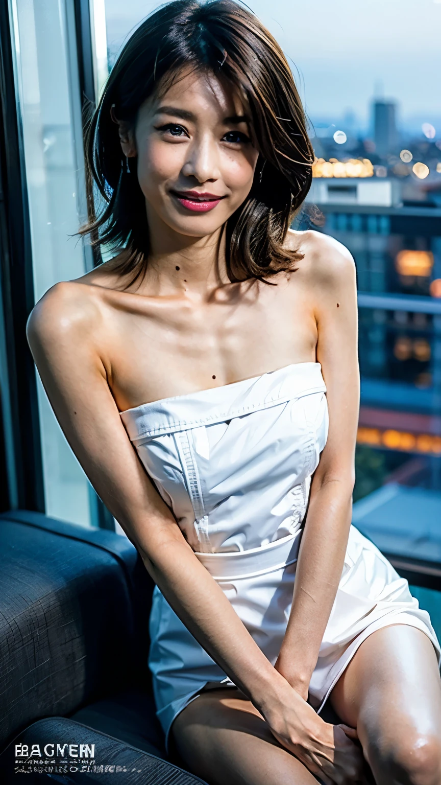 40-year-old woman wearing a white silk shirt with extremely thin fabric, her shirt is wet, her miniskirt is stuck to her body, her whole body is wet in the city in heavy rain, her hair is short, (layer cut: 1.9), (16K), (top quality: 1.2), (realistic), (photorealistic: 1.37), ultra detailed, professional lighting, (no bra), (no panty), elegant pose, (nsfw:1.5),