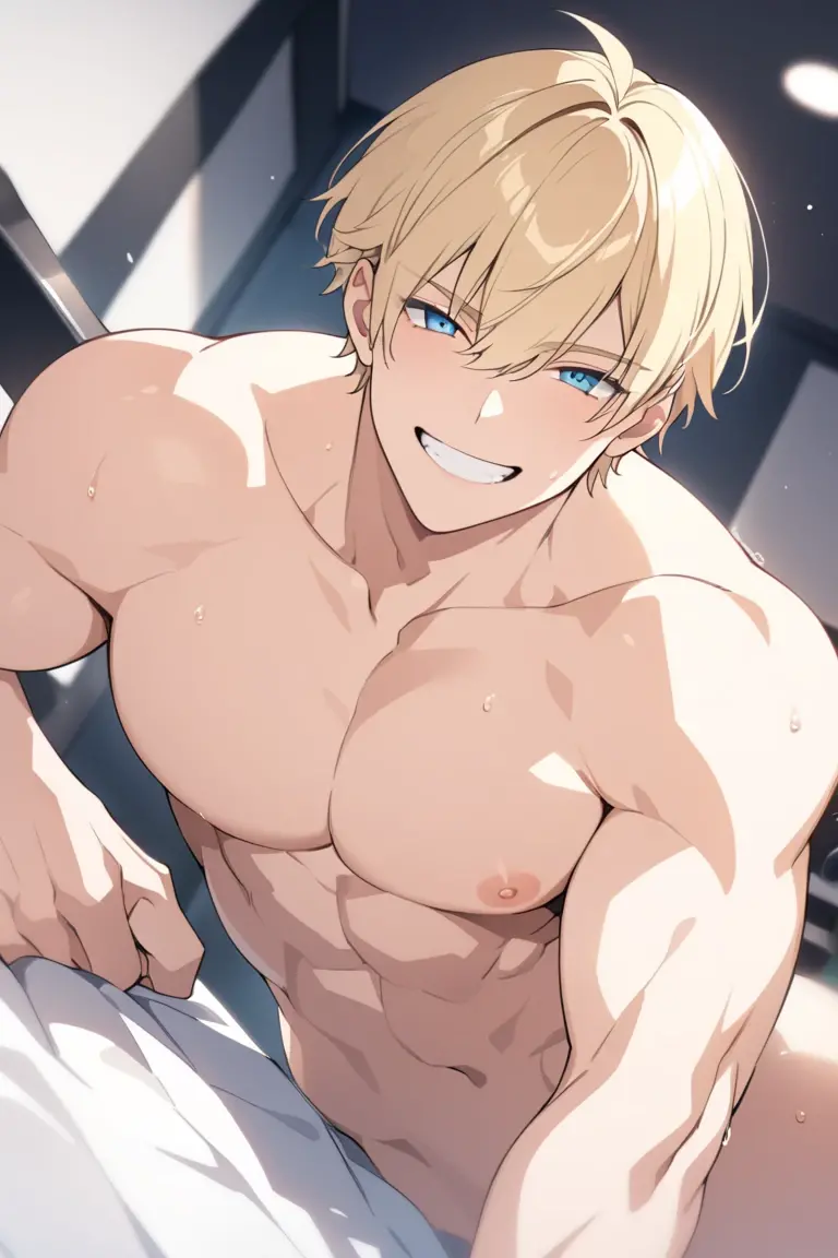 ((1 man: Sanji, Sanji from one piece, sanji2, new, lean muscular man, short straight blonde hair, curly eyebrow, pleasure, cumming, dominant, smirking, smiling, happy, horny, forceful, man with big dick, large erection,)) NSFW, porn, ecchi, echi, hentai, illustration, manga, anime, dick worship, dominant man, concept, blowjob, view from below, horny man, dominant Sanji, Sanji reclining, man reclining, large erection.