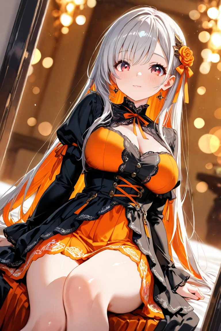 johnston halloween \(kancolle\), 1girl, breasts, solo, single glove, gloves, official alternate costume, open mouth, dress, vampire costume, large breasts, black gloves, black dress, fangs, garter straps, thighhighs, red eyes, cleavage, black thighhighs, vampire, looking at viewer, halloween, alternate costume, cowboy shot, horns, leotard, blush, original, intricate detail, illustration, masterpiece, extremely detailed CG unity 8k wallpaper, highlight, sharpening, dynamic, <lora:Johnston-6:0.8>,