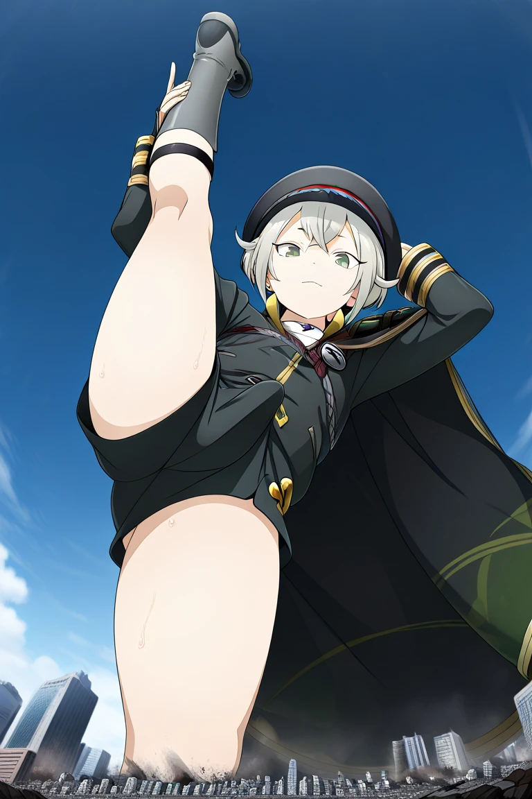 NSFW,(One girl:1.5),miorine1、miorine rembran、Asticasia uniform、solo、Long Hair、Grey Eyes、Grey Hair、Ahoge、Seamed legwear、green micro mini skirt、tie、bangs、Hair between the eyes、Black Pantyhose、Long sleeve、Green jacket、Floating Hair、赤いtie,(Perfect hands),(Perfect Anatomy),(masterpiece),(highest quality),Embarrassed,blush,(train:1.5),(Being molested:1.5)