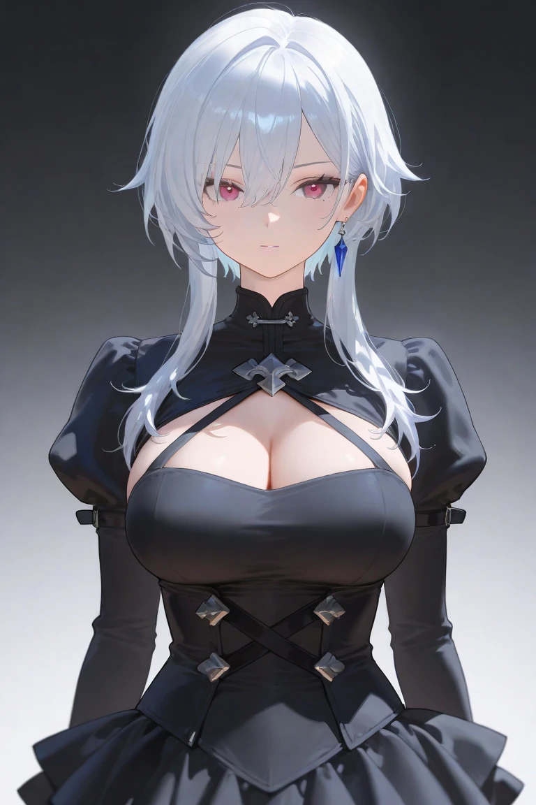 (best quality,4k,8k,highres,masterpiece:1.2),ultra-detailed,(realistic,photorealistic,photo-realistic:1.37),1girl,white hair,red eyes,gothic long dress,thigh-high socks,black stockings,abdominal tattoo,demonic tattoo,scowling facial expression,黑桃纹身,黑桃乳帖,情趣内衣