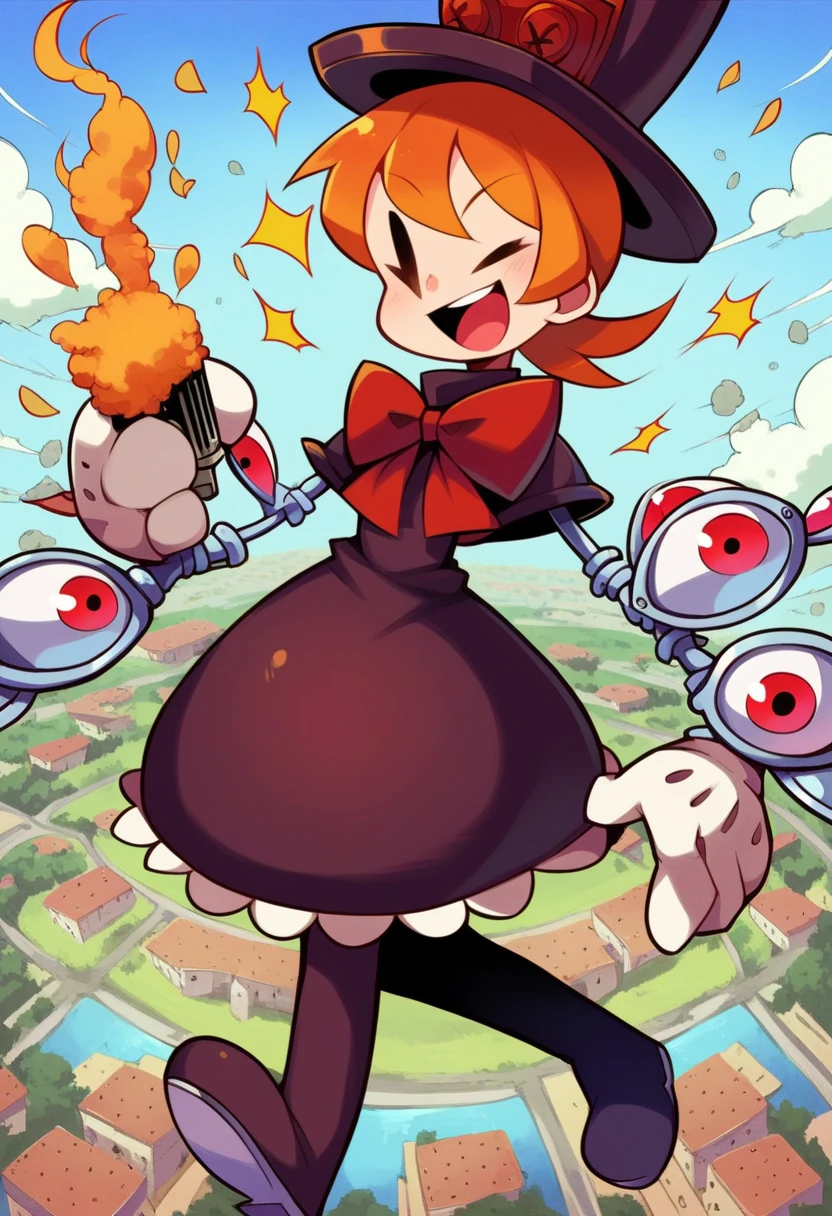 1girl, sgpeacock, mechanical arms, sharp teeth, hat, dress big breast, wide hips