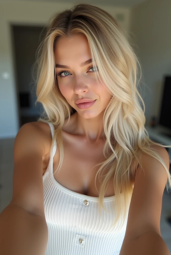 A stunning medium shot of a blonde Instagram model with a beautiful face and a perfect body. She is wearing a sheer shirt that shows off her curves. She is smirking and flirting with the camera, her eyes sparkling with mischief. She is closeup to the camera, her face filling the frame. She is bending down, her curves accentuated by her position. She looks straight at the camera, her gaze unwavering.
