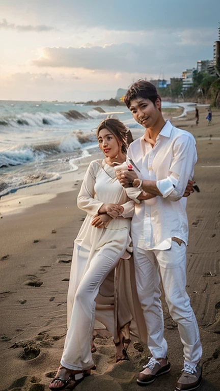 (Embracing each other with my boyfriend on the beach、Standing watching the sunset:1.5)、(A kind smile:1.5)、(18-year-old female:1.5)、(The best quality at its best:1.4), (Super detailed), (Very detailed CG unified 16k), Beautiful woman with perfect figure: 1.4, Sharp focus: 1.2, Very detailed, High-quality RAW color photos, Professional photography, Great face and eyes, cosmetics, (Amazingly beautiful girl), ((Cute white dress:1.5)), Realistic movie faces, Full body long view from head to toe, Realistic, ((Realistic natural orange red hairstyle)), ( Short Bob Hair:1.5), (necklace:1.5)、, Very beautiful face, Perfect model beauty, Mouth swelling, Highly detailed face and skin texture, Fine grain, double eyelid, Medium chest, (masterpiece), Highest quality, High resolution, Very detailed, Blurred Background, Depth of written boundary, Cinema Lighting, Great legs, , Clear, well-maintained skin,((Full body shot from head to toe:1.5))