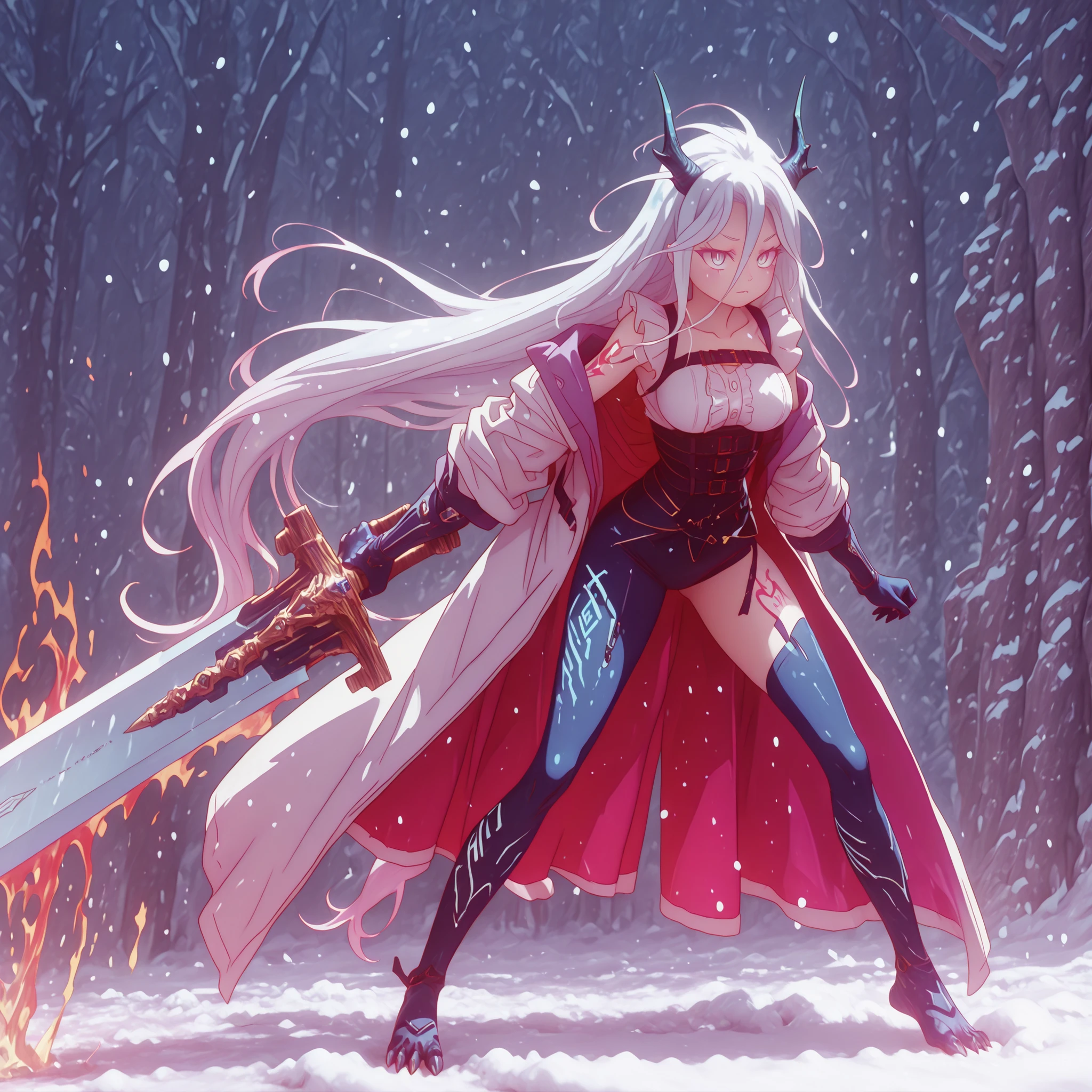 alone, 1 girl, bright and flashy white hair, hair as white as snow, style like Shiro from "No Game No Life", body like Shiro from "No Game No Life", bright and flashy silver-blue eyes, silver-blue eyes the color of Sylpha Langlis' eyes, long bangs between the eyes, long eyes, disheveled hair, perfect anatomy, student, short character, character, character 1.50 meters tall, white hair like Sylpha Langlis, fair and slightly pink skin, Reed's Flame Shadow Horns (black horns);
Silver-blue hands and arms, clawed hands, clawed feet, Nordic-style rune markings on the shoulders and back and thighs in silver-blue color, white dragon tail, long black horns like Reed the Flame Shadow from Arknights, snow-white hair, white hair like Sylpha Langlis, fair and slightly pink skin, big butt and medium breasts, young and petite character;
wearing a white coat in the style of Reed The Flame Shadoe from Arknights, the coat falling down his arms, the inner clothing is black with silver details and is tight on the body and has a technological and futuristic cyberpunk design;
sensual pose, attack position, holding a huge white greatsword with a white blade, facing the observer, looking at the observer, confident, cute expression;