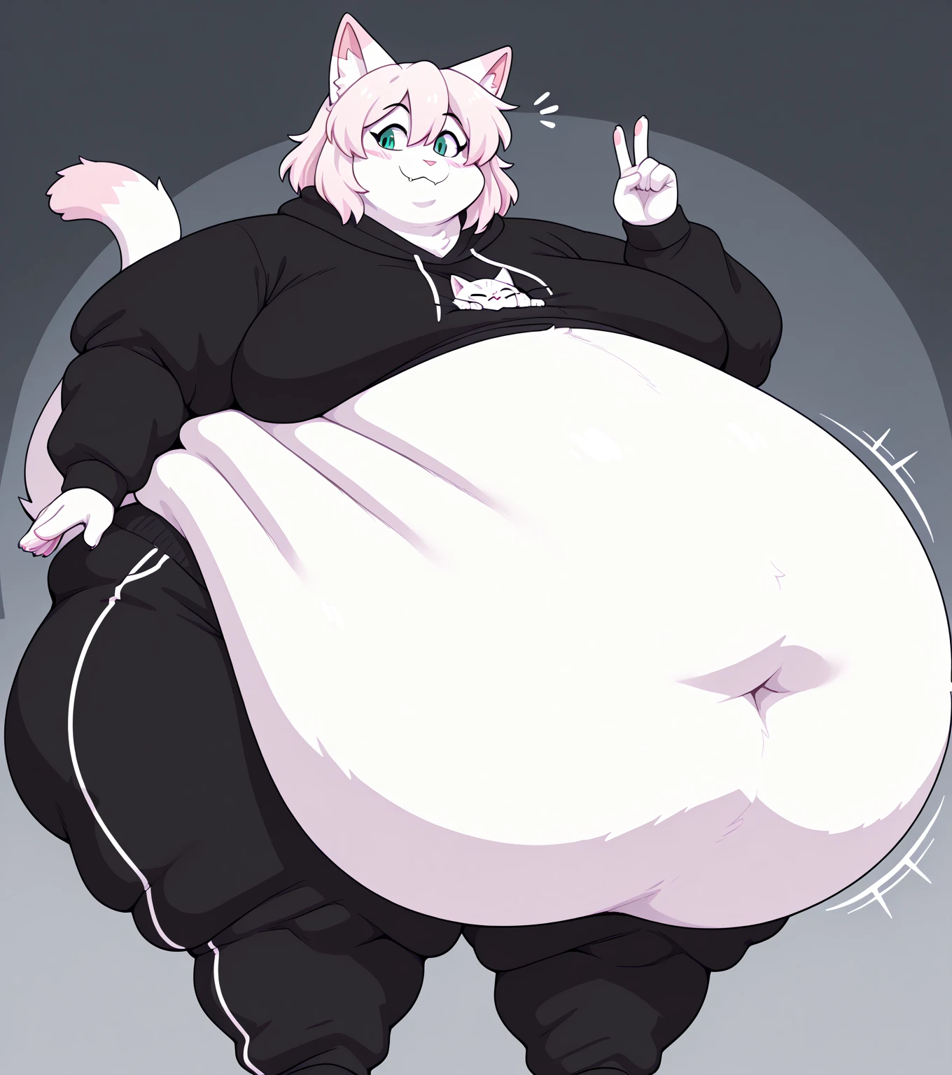 anime, a cat with a white and black sweater and a black and white cat with blue eyes, anime visual of a cute cat, anime catgirl, nyaruko-san, cute anime catgirl, an ahoge stands up on her head, sora as a cat, nekomimi, anime cat, cel shaded anime, holding a pudica pose, stuffed belly, big belly, round belly, very full belly, bloated belly, huge belly, obese, obese face, obese belly,  blob, (fat belly:2.4), (bloated belly: 2:2)