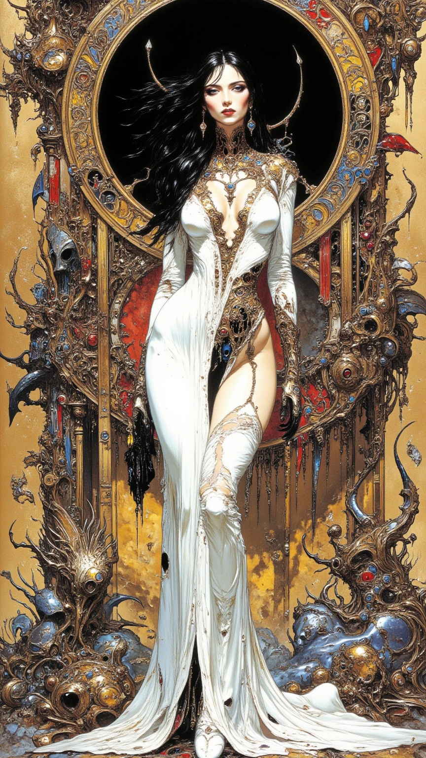 a beautiful illustration of a very muscular vampire girl in an abstract marble texture with a tarot style frame, with colors of obsidian black, shiny gold, and ruby red, highly detailed, intricate design, BY Anne Bachelier,