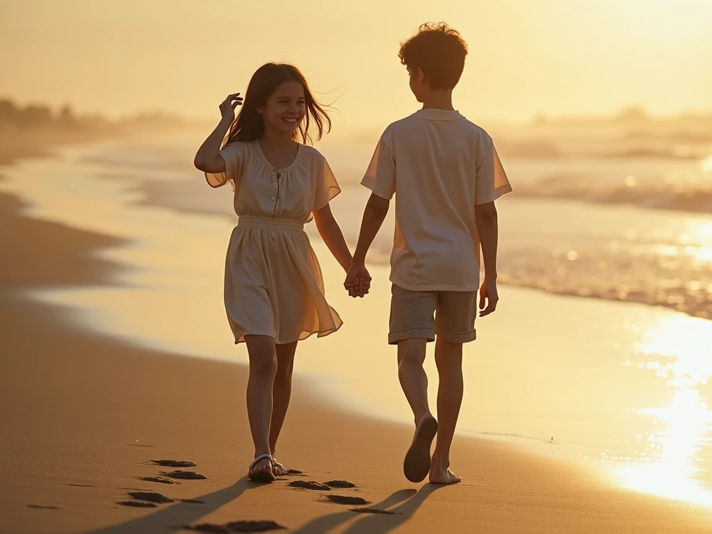 A pair of teenagers walking hand in hand on the beach, Sea view background, clear sky background