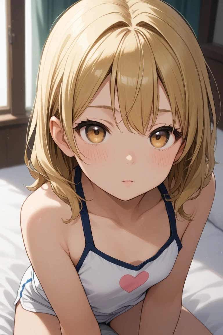 best quality, masterpiece, silhouette light, prinz eugen, detailed face, beautiful eyes, (wariza:1.4), sweating a lot, pink and white horizontal striped bikini, (small breast:1.4), messy and tiny japanese room in night