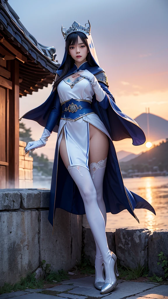 climbs a wall of a tall houseSouth korea ninja women mystery hooded on with modern royal Blue coat with long and wide sleeves with buttons and royal Blue cape and very high white heel over the knee and white gloves, As she reveals a small secret hidden blade coming from his palm , adding to the character's mysterious and agile appearance, with small movements of air on the cape,, in summer at night under the rain,medieval south korea house. sophisticated and highly detailed, ultra hd, realistic, hyper detailed, enhanced colours, ultra sharp focus, with vibrant, rich in details High quality, gorgeous, captivating, 8k, super detailed, stunning shadows, detailed lines, ready to make a murder