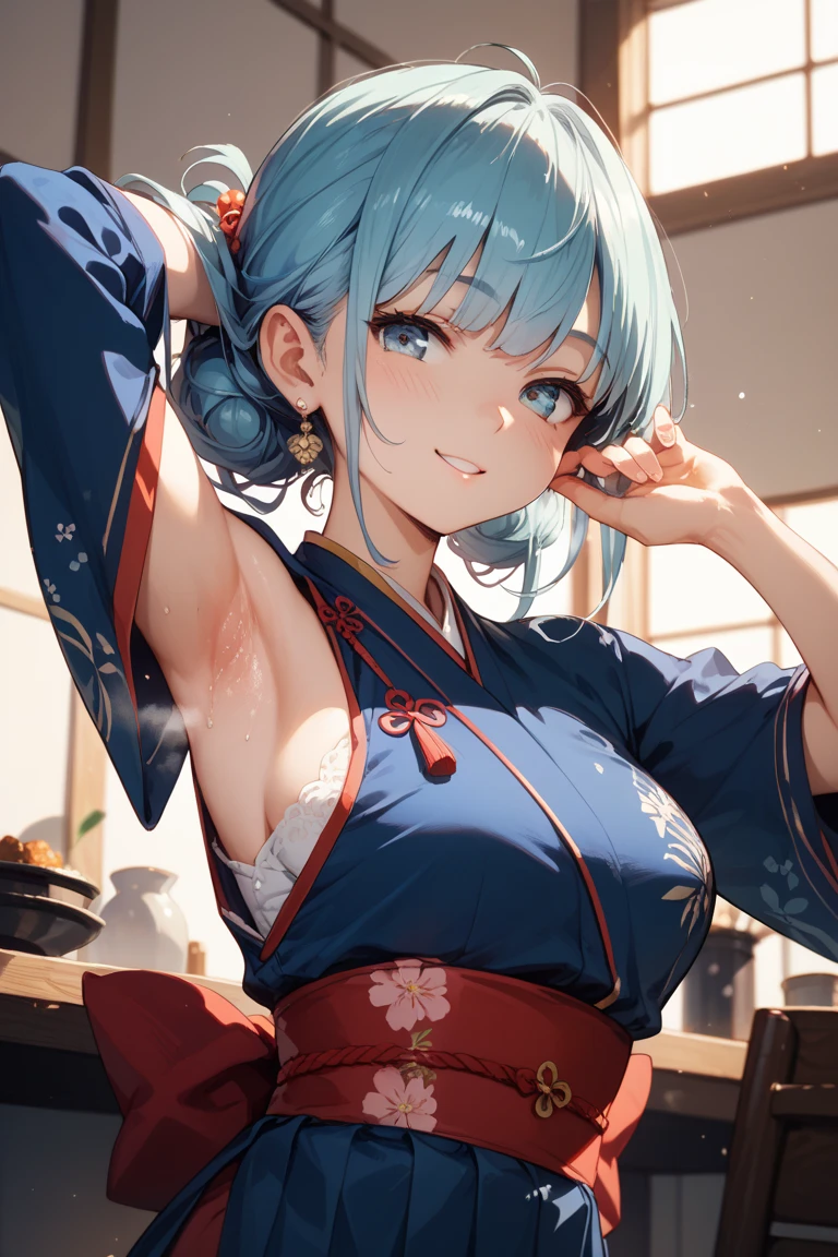 NSFW,masterpiece,Highest quality,High resolution,Super detailed,Sinon\(Sword Art Online\),yukata,hair ornaments, Hair Clip,Embarrassed,expectant face,Absent-minded face,blush,smile,Inn at night,Shoji screen,tatami,futon,Girl sitting,Drunk,Intoxication,sake bottle,Sake cup