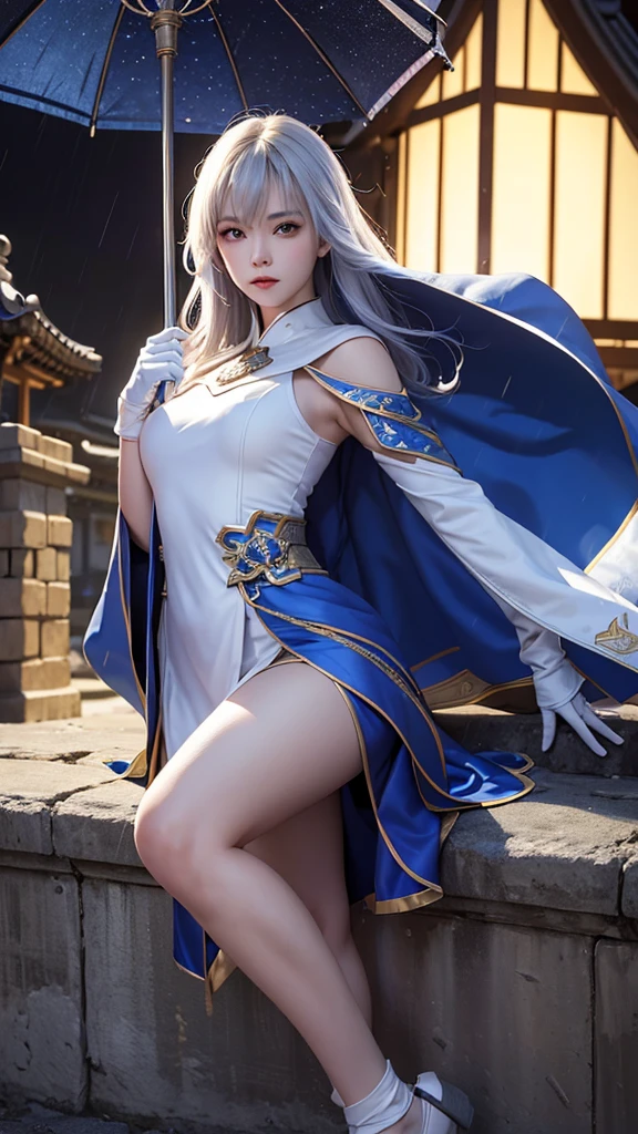 South korea walk women mystery hooded on with modern royal Blue coat with long and wide sleeves with buttons and royal Blue cape and very high white heel over the knee and white gloves, As she reveals a small secret hidden blade coming from his wrist , adding to the characters mysterious, with small movements of air on the cape, in summer at night under the rain, with buildings featuring curved eaves and detailed architecture. sophisticated and highly detailed, ultra hd, realistic, hyper detailed, enhanced colours, ultra sharp focus, with vibrant, rich in details High quality, gorgeous, captivating, 8k, super detailed, stunning shadows, detailed lines, blood stain on coat and gloves and walls, a recently dead person with their throat slit