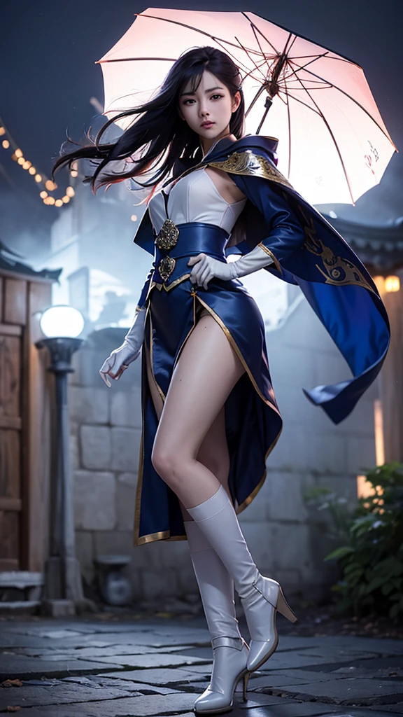 climbs a wall of a tall houseSouth korea ninja women mystery hooded on with modern royal Blue coat with long and wide sleeves with buttons and royal Blue cape and very high white heel over the knee and white gloves, As she reveals a small secret hidden blade coming from his palm , adding to the character's mysterious and agile appearance, with small movements of air on the cape,, in summer at night under the rain,medieval south korea house. sophisticated and highly detailed, ultra hd, realistic, hyper detailed, enhanced colours, ultra sharp focus, with vibrant, rich in details High quality, gorgeous, captivating, 8k, super detailed, stunning shadows, detailed lines, ready to make a murder