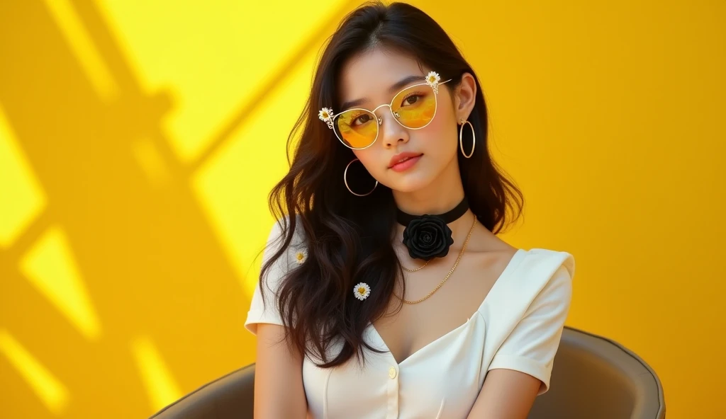 (masterpiece, Highest quality:1.2), Realistic, (Face shape: Surface length contour), (eye: Sharp eye, Cold Stare, eye make up), (nose: The nose muscles are thin and small in size.), (mouth: Neutral lips, Bright red lips), (skin: Transparent white skin, cheek), (shape: Thin Hips, Thigh Gap, Small breasts), (Overall impression: Korean young woman), (hair: perm, short hair), ((Clothes: See-through blouse, Earrings, sunglasses)), ((Pink-yellow background))