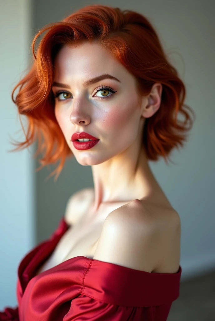 (((photographic, photo, photogenic))), ((cute, pretty, beautiful)), innocent, emotional, (gigantic huge cleavage in a white corset:1.4), (detailed face, nose) ((18y.o. ohwx woman)) staring at camera lovingly, mouth open, portrait, f1.8 short focus bokeh), (big round catchlight:1.6), circular light eye reflection, watery deep eyes, shiny eyes, open eyes. round cheeks, receding chin, heart shaped face. small heart shaped lips. Studio picture with a simple background, direct light, awe, classic bob hair dyed ginger