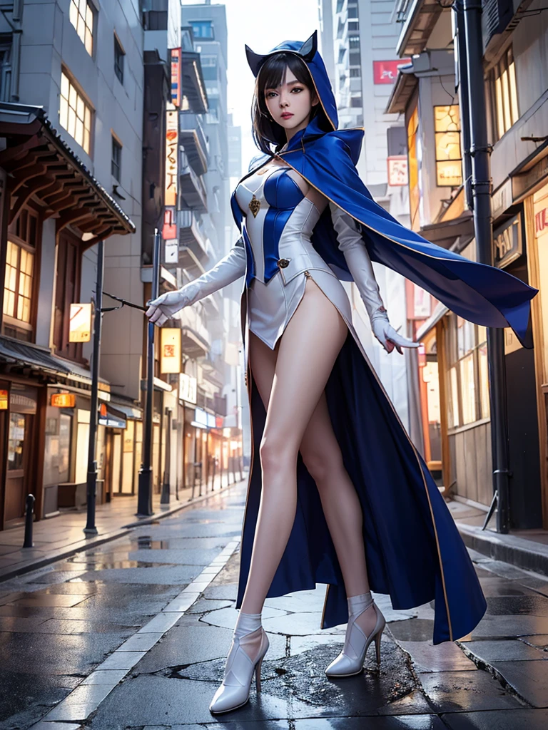 walking South korea women mystery hooded on with modern royal Blue coat with buttons and royal Blue cape and very high white heel over the knee and white gloves, As she reveals a small secret hidden blade, blood stain on her,adding to the character’s mysterious and agile appearance, with small movements of air on the cape, in summer at night under the rain, . The scene is set at night,human corpse, Pool of blood, splash of blood, there was someone behind him wearing the same clothes in an alley in the garden. , intricate detail, ultra detail, incredible detail, intricate detail, extremely detailed and intricate, super max, masterpiece, best quality, HDR, UHD, unreal engine. , beautiful face, Rich in details High quality, gorgeous, captivating, 8k, super detailed, stunning shadows, detailed lines