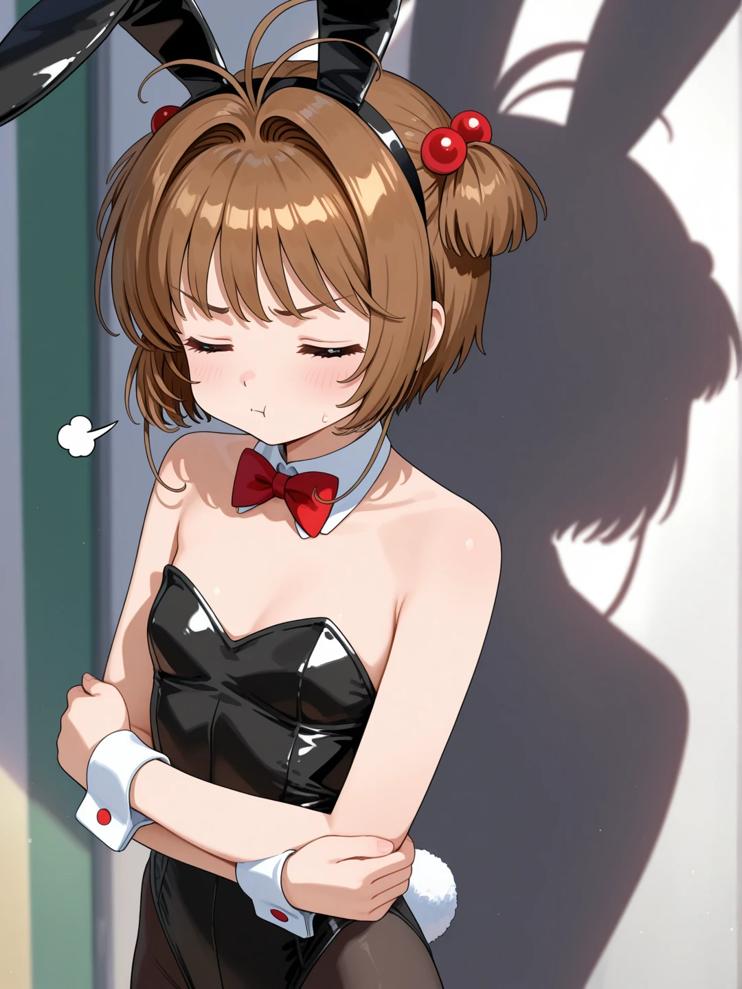 , ochako uraraka,brown hair,brown eyes, short hair, 1girl, (bunny girl, rabbit ears, black leotard, collar and bowtie, white collar, red bowtie), abstract background, smile :D, blush stickers, medium shot, arms behind back