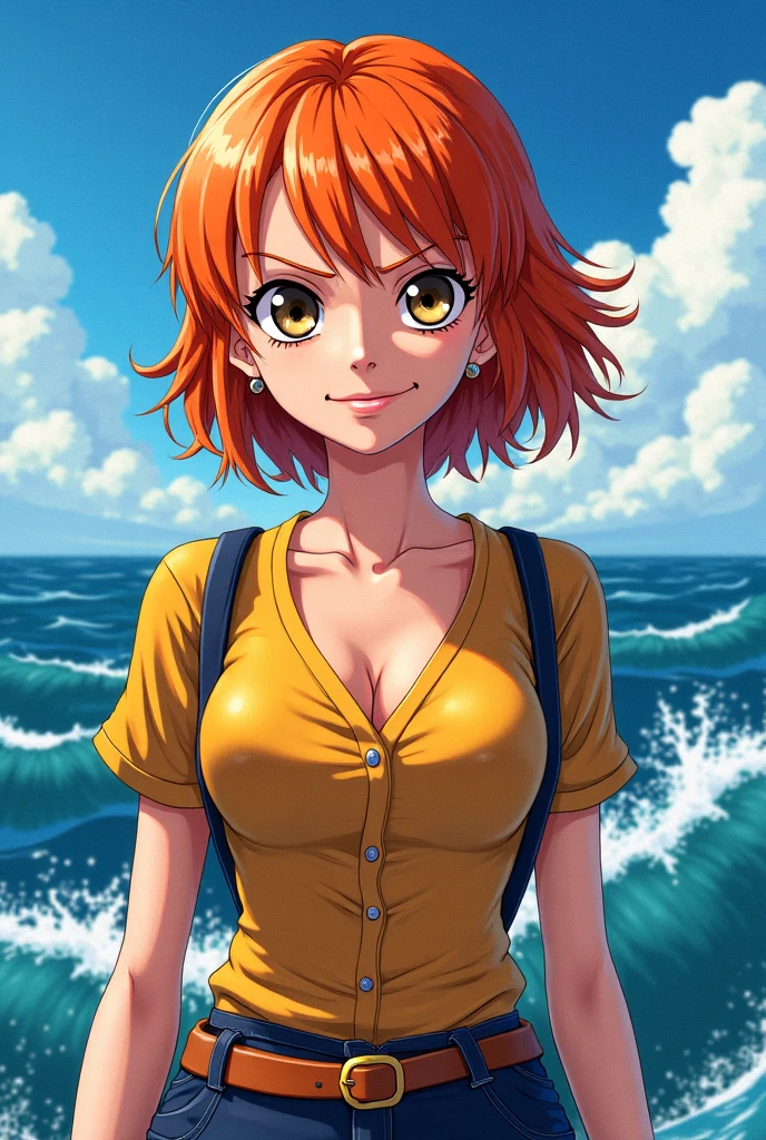 masterpiece, Highest quality, High resolution, we (one piece), short hair, Orange Hair, Brown eyes, Cleavage, Striped shirt, White shirt, Short sleeve, bracelet, mini skirt, Yellow Skirt, sunset, Are standing