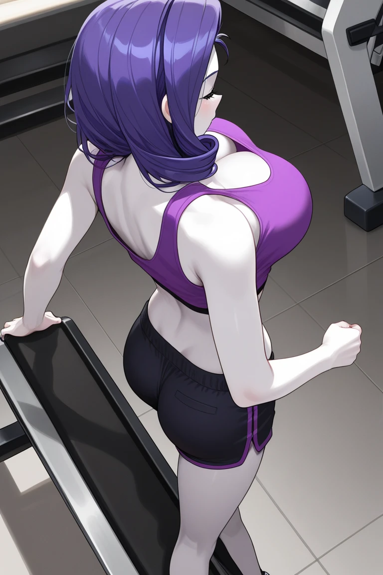 ASAGI,pantalones cortos deportivos,sujetador deportivo transparente,escote,Polainas negras,Cabello largo, Cola de caballo,cabello azul, pelo entre los ojos, bloqueos laterales, Mirando al espectador, en el gimnasio, Gimnasio montado en segundo plano , Gimnasio costoso,Cameltoe,(Sudando:1.1),musculatura,(Abdominales tonificados),(Altas Resoluciones, alta calidad:1.1), Detalles intrincados, cinematic lighting, 1girl,dynamic pose, ingle,They are smiling,desde abajo, Long straight violet hair, violet clear eyes