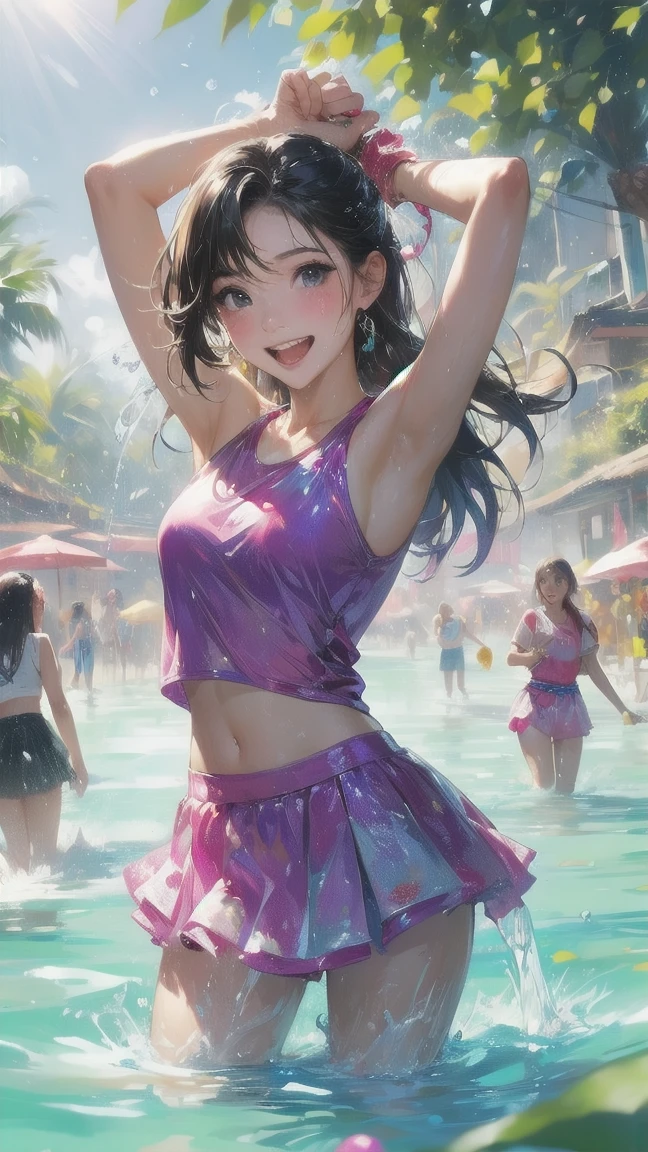 masterpiece、Mastepiece、girl、Random hairstyle、Clear eyes、Smiling at the audience、Perfect proportions、full body shot、Random Swimsuit、Sexy pose、The background is the sea