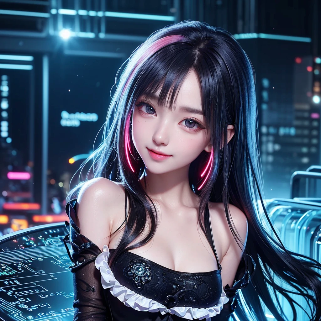 1 girl,Picture a young girl in a cyberpunk atmosphere,She has hair of a striking color, for example neon blue or dark red,In her eyes, add a cybernetic touch or futuristic contact lenses that reflect the essence of high-tech,The clothes worn should be a combination of futuristic and cool urban style,In the background, show a city full of neon and holographic decorations, creating an atmosphere that is unique to the cyberpunk world,Be sure to display high-tech elements such as flying drones, flying cars, or majestic skyscrapers,Let this girl hold onto futuristic weapons,showing that she is a a character who is tough and has extraordinary skills in technology and combat. In addition, add some cyberpunk accessories such as holographic tattoos or futuristic jewelry to complete his appearance,