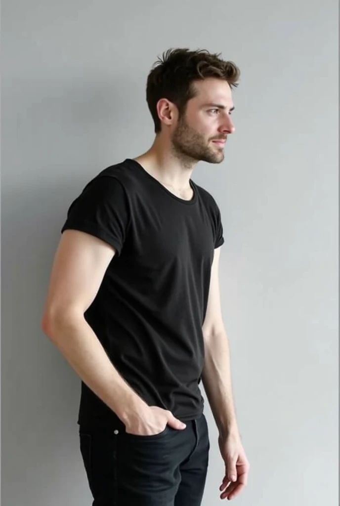 Homem de 30 anos, hyper-realistic, vestindo uma camiseta preta grande e jeans
