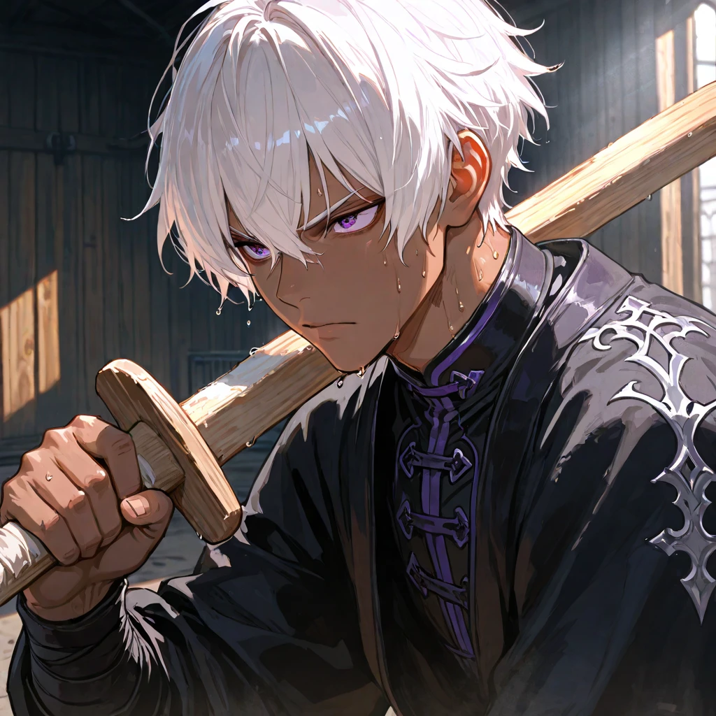 Greek boy with white hair, with violet eyes, wearing dirty and slightly torn country clothes, chained by his hands to a wooden post, on a rainy night with storm and lightning