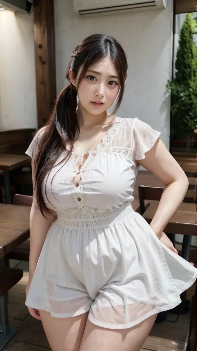 Adorable, 14years, Ruffled Summer Dresses, From diagonally forward , japanaese girl, cleavage, Sitting on a cushion, Looking at Viewer, Low contrast, (Smile:0.8), hair scrunchie, Best Quality, 超A high resolution, photographrealistic, ultra-detailliert, 8K, Raw photo, masuter piece