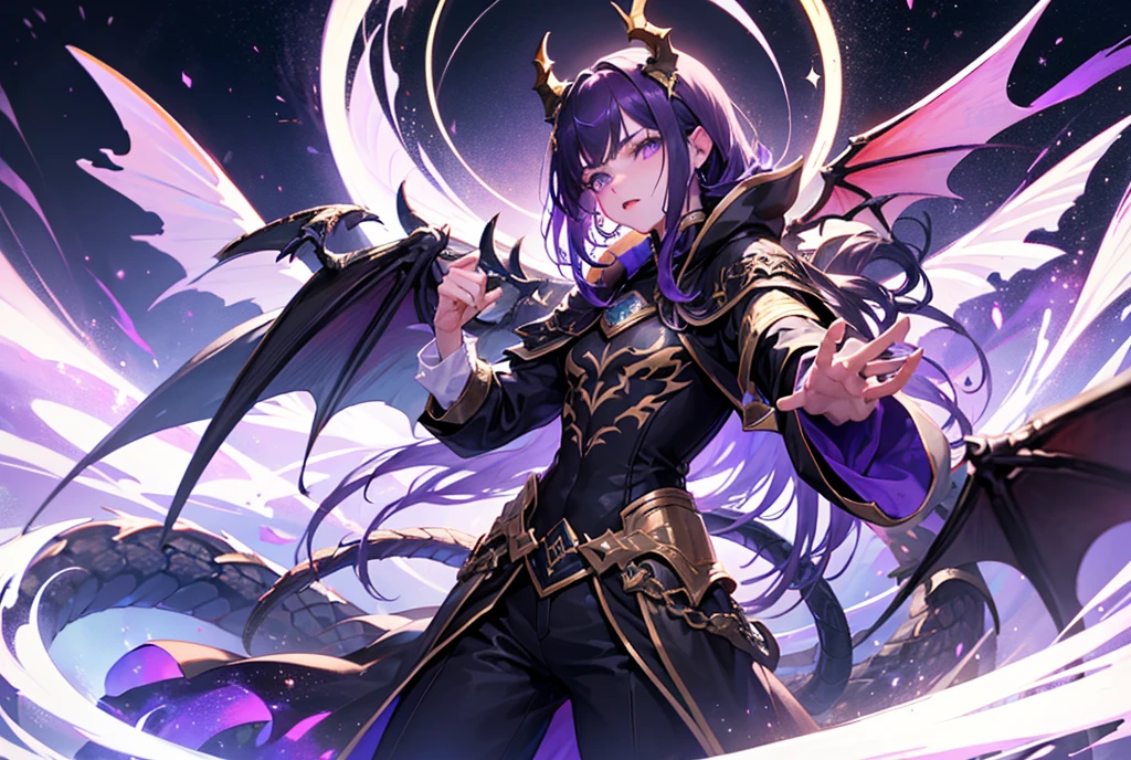 cheerful boy aristocrat open forehead. dark purple hair braided in a ponytail on the left side to one side. sinuous black horns wrapped in dark purple ribbon. pale violet eyes. in short dark purple shorts. long white T-shirt. dark purple knee-high socks. a white long robe with a hood flutters in the wind. black ancient stone walls of the castle purple light from lamps with gold ornaments, heterochromia, long curly hair, pale skin, I look at the viewer, closed mouth, bright smile, Beautiful, extremely detailed eye, Absolutely amazing art, extremely detailed, Digital art of the highest quality, full length, old piano, ancient walls of a stone castle