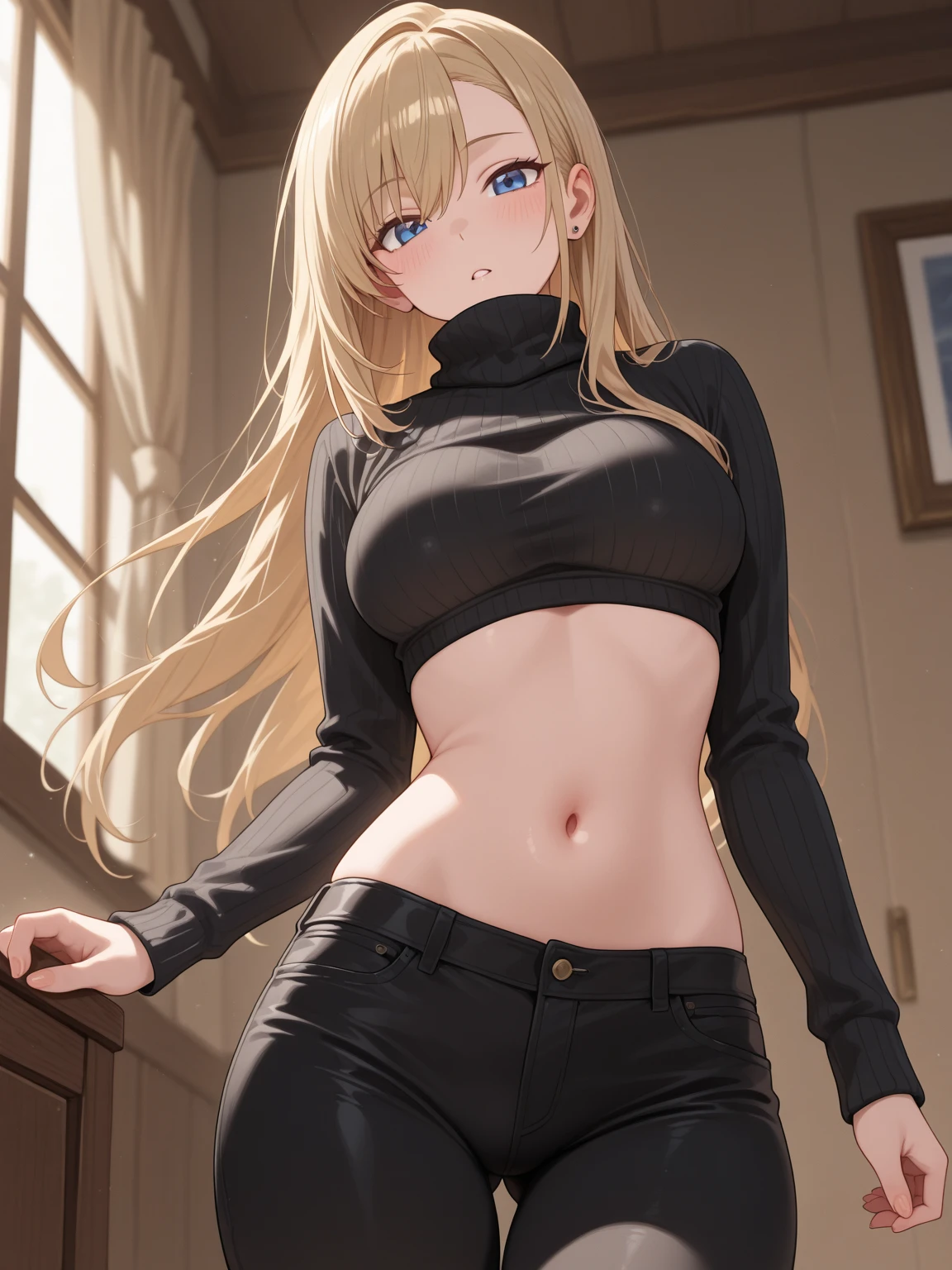 (highest quality, High resolution, perfect pixel, Depth of bounds written, 4K), upper body, (chair), (looking down), (detailed eyes), (1 lady), tall, (skinny body:1.2), (thin thighs:1.2), (Narrow hips:1.2), (black tube tops:1.2), bellybutton, sleeveless, middle breasts, (blond hair), (ponytail:1.2), (standing:1.2), (denim skirt:1.2), panty strap, (hands on hips:1.2), contrapposto, (seductive smile),