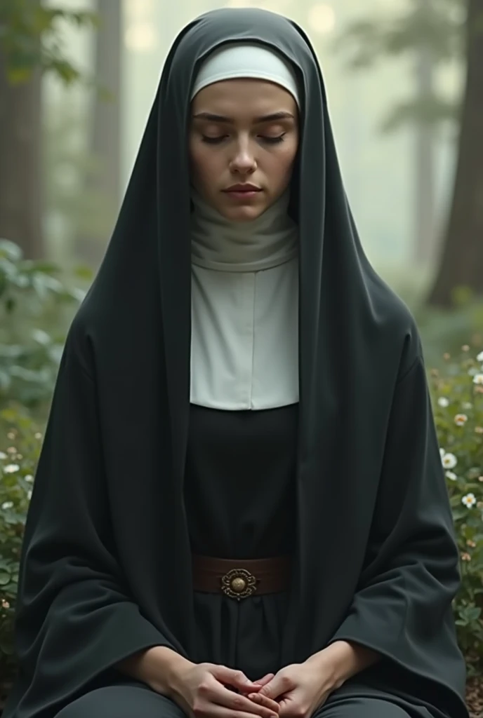 Vivid, high-contrast horror hooded mature 50 years blonde nun in white forest background under a dramatic, gritty lighting , side view
