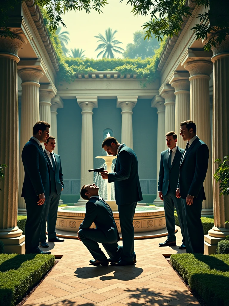 in roberto ferri and paul cadmus art style, candid shot, two in their 40´s men formally dressed gentlemen standing next to a squatting pantless, young, fitness shirtless, handsome, very detailed body, ripped fitness body, barefoot, happy man, squatting, in a neoclassical art deco living room with enormous windows that show a beautiful garden in a sunny day, hyperrealistic, 8k, very detailed