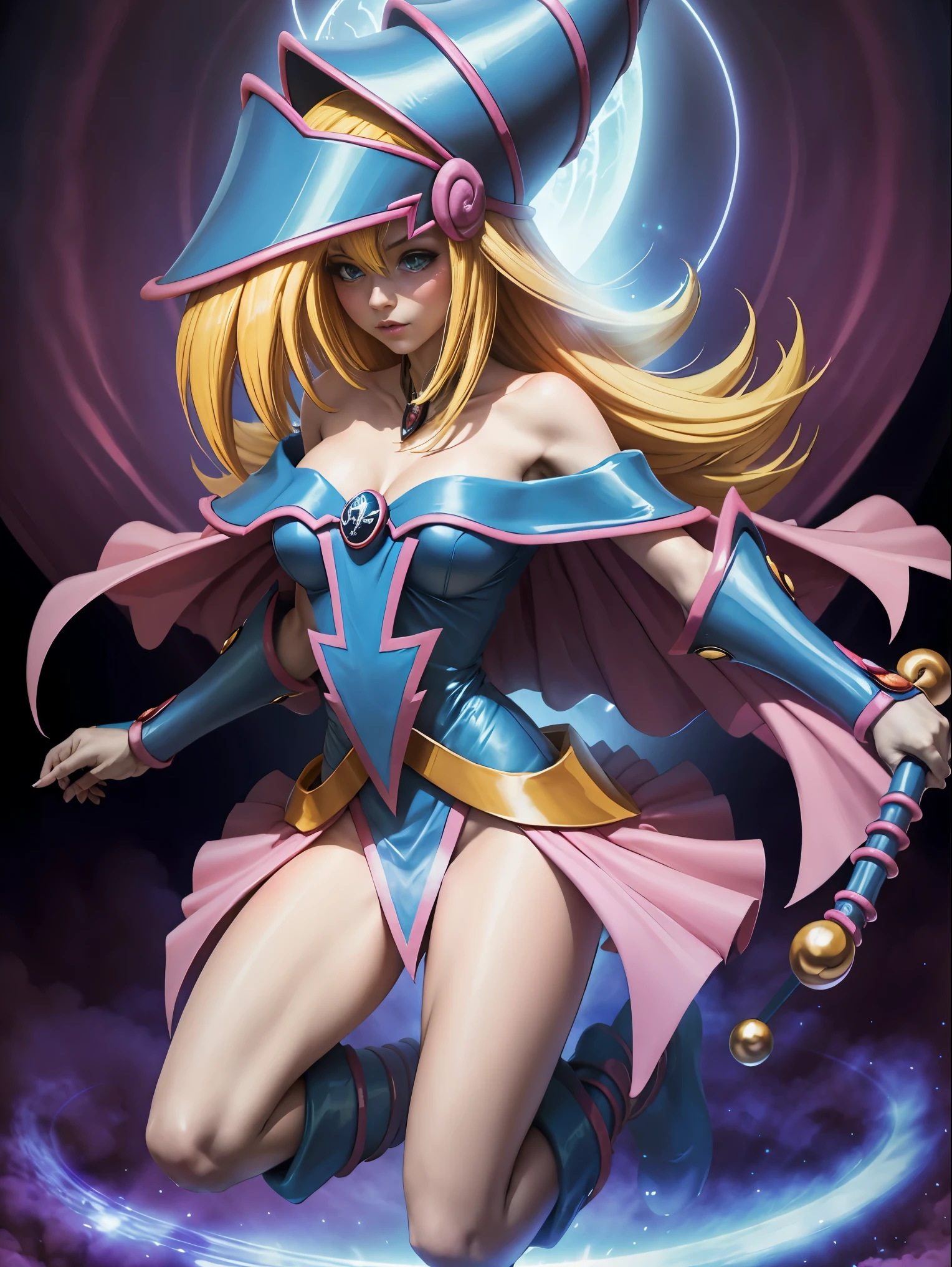 ultra-detailed, extremely detailed, masterpiece, highest quality, best quality, absurdres, highres, dark magician girl, (1girl:1.2), solo, detailed face, dynamic pose, hair flow, (full body:1.1), blonde hair, long hair, looking at viewer, green eyes, skindentation, detailed skin, skin pores, (shiny skin, glossy skin:1.1), rosy skin details, breasts, nail polish, skirt, blue footwear, blue headwear, wizard hat, wand, holding hat, (blue panties:0.9), (summoning circle:1.1), hexagram, pentacle, pentagram, yu-gi-oh!, duel monster, purple magic field, glow, detailed background, intricate background,